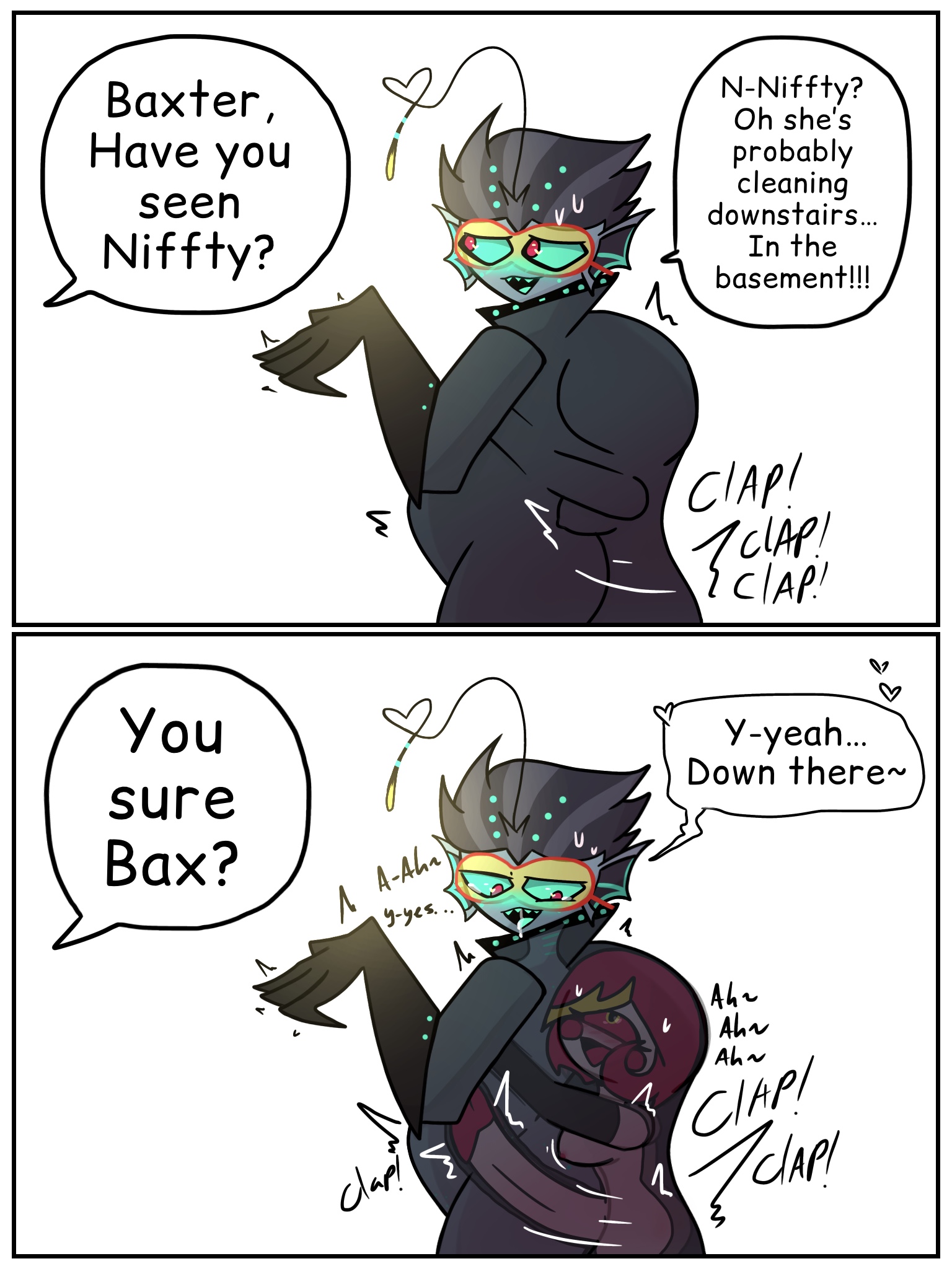 anglerfish, baxter (hazbin hotel), big bottom, chubby, clothing entrapment, dancingshadow5, futa on male, futanari, glasses, hazbin hotel, male, nerd, niffty, penis, short stack, short top, small but hung, small dom big sub, small top big bottom, tall bottom, trans man, x-ray