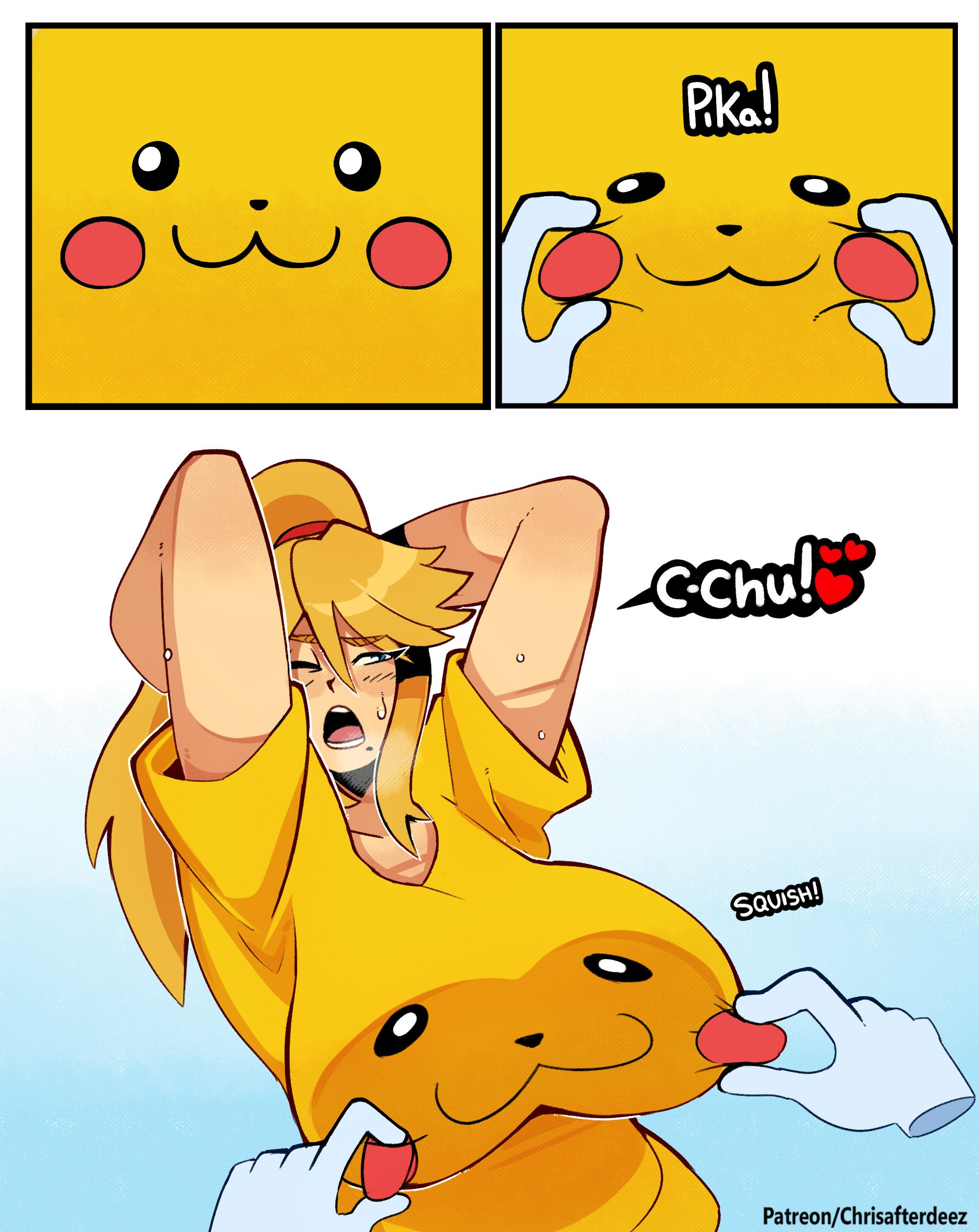 1girls, blonde hair, breasts, chrisafterdeez, comic, disembodied hand, english text, female, groping breasts, humor, large breasts, metroid, nintendo, nipple play, nipples, pikachu, pinching nipples, pokemon, samus aran, text, thegreyzen, thehornyzen, through clothes