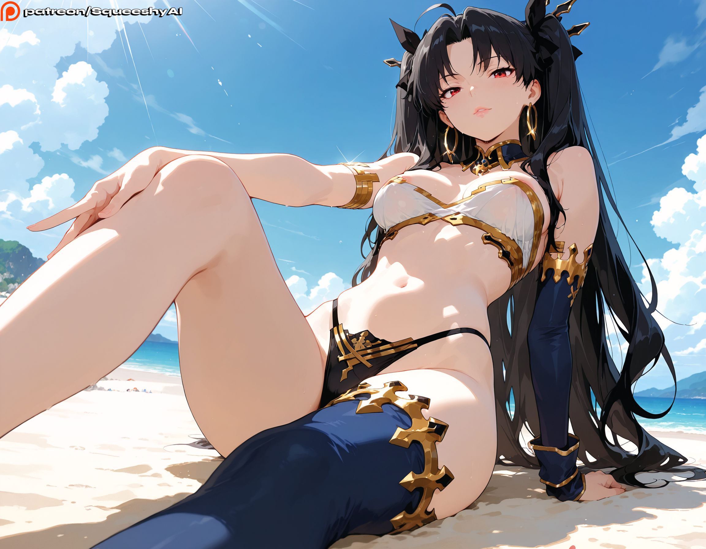 1girls, ai generated, beach, big ass, big breasts, bikini, breasts, busty, curvy, detailed background, fate (series), fate/grand order, fate/stay night, female, female only, heavy blush, huge breasts, ishtar (fate), looking pleasured, male/female, nipple slip, nipples, nude, open mouth, perky breasts, pleasure, puffy nipples, solo, squeeshyai, submissive, submissive face, thick, thighs, tohsaka rin, wide hips