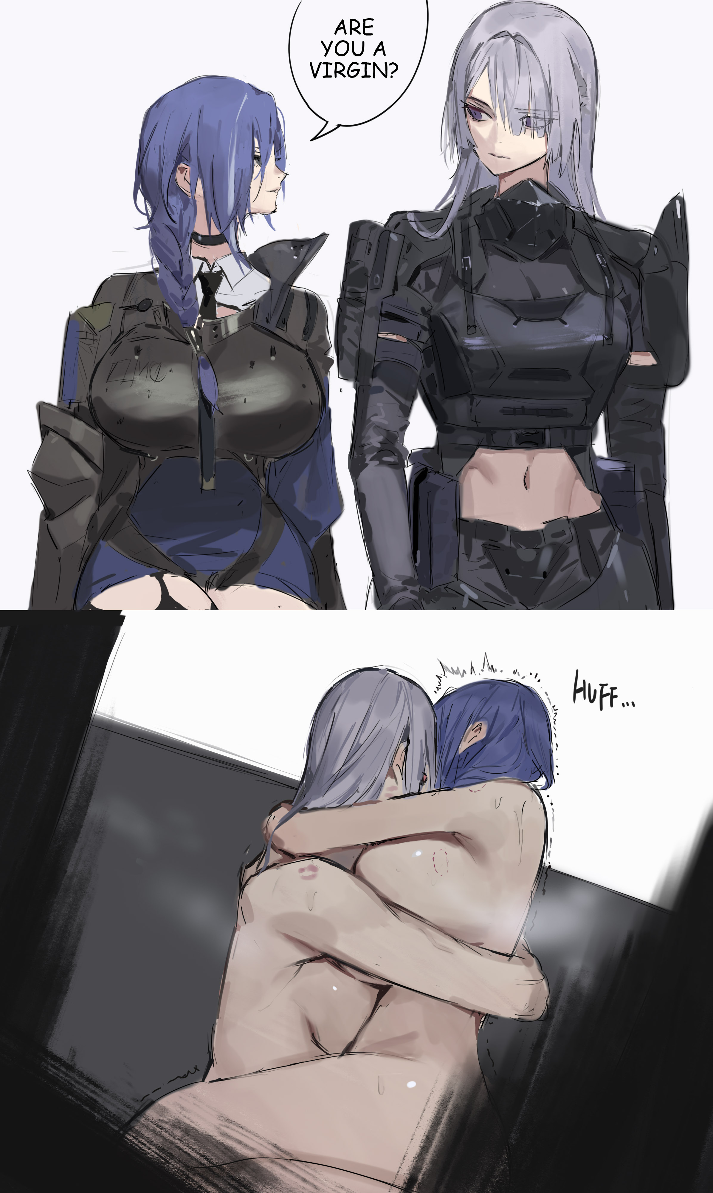 2girls, abs, ak-15 (girls' frontline), are you a virgin? (meme), athletic, athletic female, big breasts, bite marks, boobs out, breasts, breasts out, clothed, clothes, clothing, dominant female, dp-12 (girls' frontline), english text, female, gear, girls' frontline, girls' frontline 2: exilium, helen (girls' frontline 2), hug, huge breasts, implied sex, intimate, kissing, larger female, lesbian, lesbian kiss, light skin, light-skinned female, long hair, military clothing, naked, naked female, nude, nude female, older female, sex, shorter female, sitting on lap, smaller female, submissive female, sweat, sweating, taller female, tits out, tototo sarada, trembling, tummy, voymastina (girls' frontline 2), younger female, yuri
