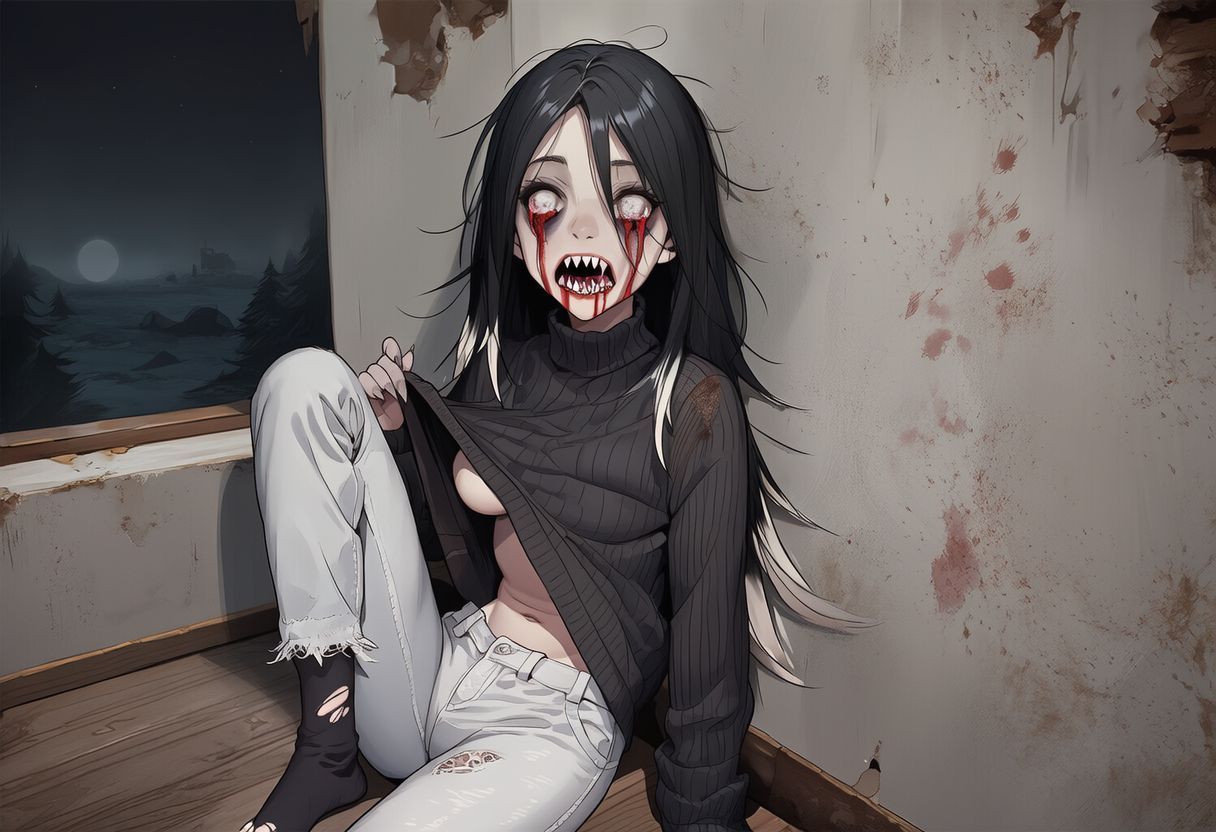 1girls, ai generated, black hair, bleeding, blood, breasts, clothed, dead eyes, female, grey skin, horror, horror (theme), lifting shirt, looking at viewer, monster girl, original, original character, paigen, ribbed sweater, ribs, saliva, sharp teeth, sharp toenails, skinny, small breasts, sweater, two-tone hair, undead, underboob, white eyes, white hair, zoey (paigen), zombie, zombie girl