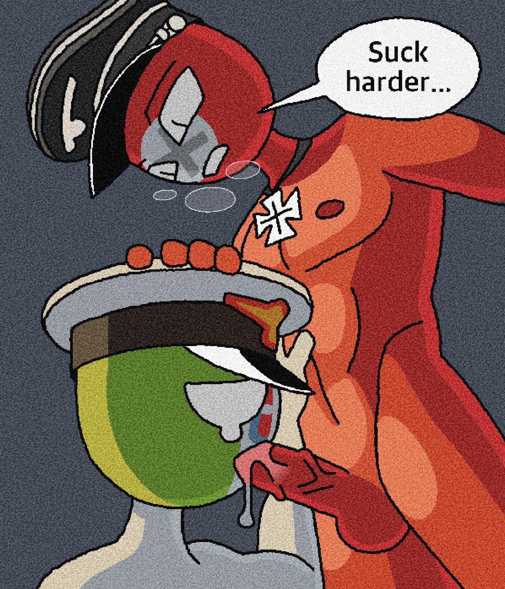 blowjob, countryhumans, fascist italy (countryhumans), forced blowjob, gay, military cap, nazi germany (countryhumans), nude, octodyer, rape, tears