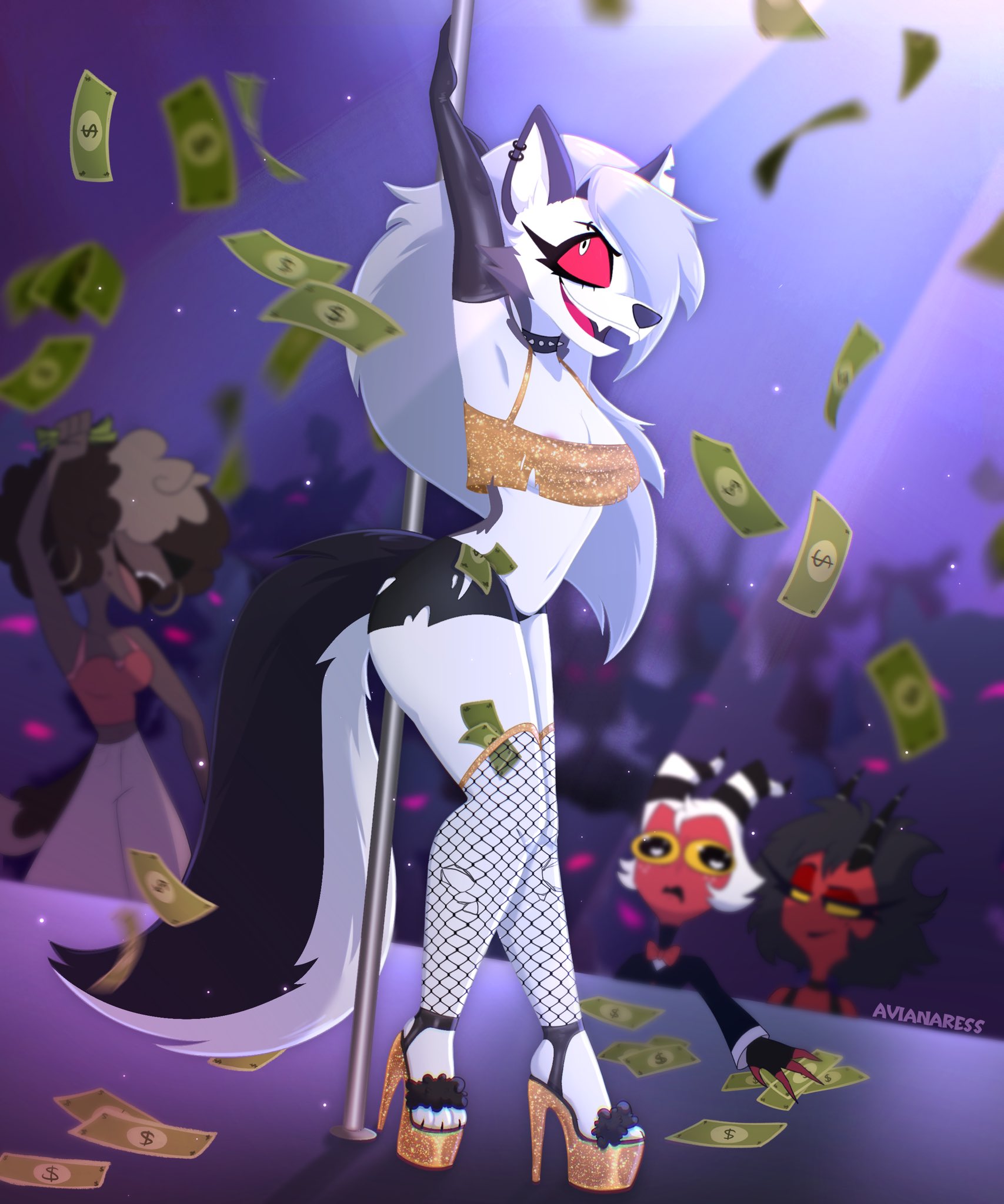 avianaress, breasts, crowd, crowd watching, esme (helluva boss), female, gigi (helluva boss), helluva boss, loona (helluva boss), medium breasts, millie (helluva boss), money, money under clothes, moxxie (helluva boss), smiling, stripper, stripper heels, stripper pole, stripping