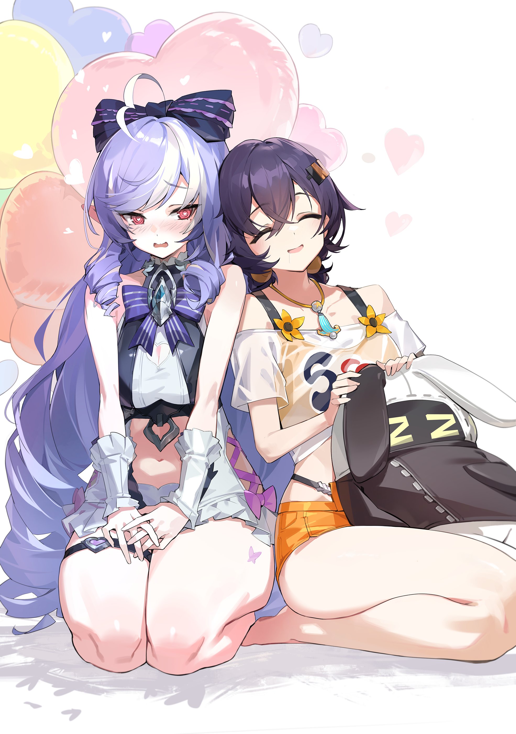 2girls, ai generated, belle (summer skies) (zenless zone zero), belle (zenless zone zero), black hair, blush, breasts, closed eyes, exposed breasts, female, goomrrat, highres, hoyoverse, legs, light skin, light-skinned female, long hair, mihoyo, official alternate costume, pale skin, pale-skinned female, purple hair, red eyes, short hair, swimsuit, vivian banshee, vivian banshee (iris of the shore), white swimsuit, yuri, zenless zone zero