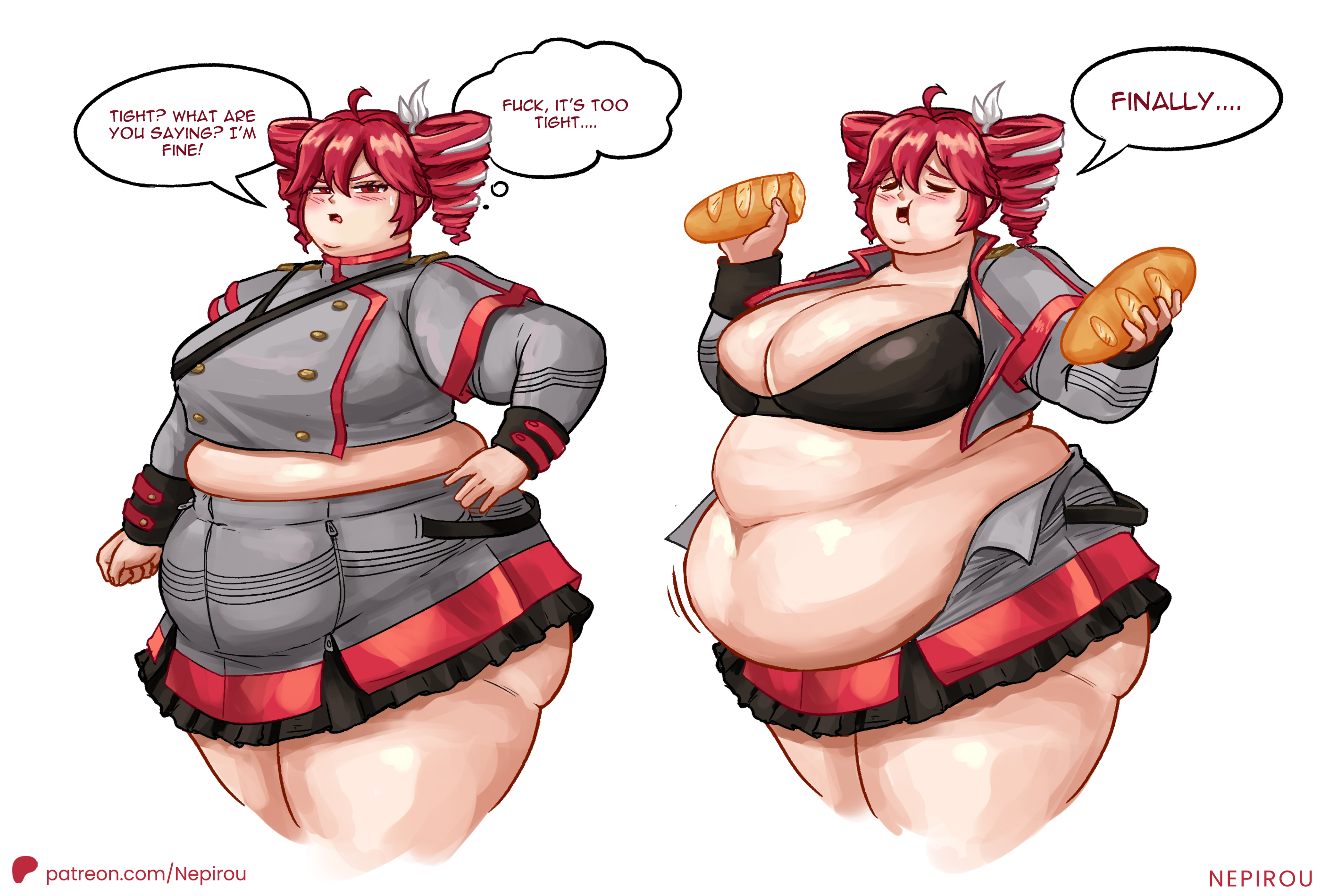 1girls, alternate body size, bbw, belly, belly jiggle, belly overhang, big belly, black bra, bra, bread, breasts, dialogue, double belly, english text, exposed fat belly, fat, fat belly, fat female, fatass teto, female, female only, food, holding, holding bread, holding food, holding object, huge breasts, kasane teto, kasane teto (sv), large breasts, motion lines, muffin top, nepirou, obese, obese female, overweight, overweight female, solo, solo female, speech bubble, synthesizer v, text, undersized clothes