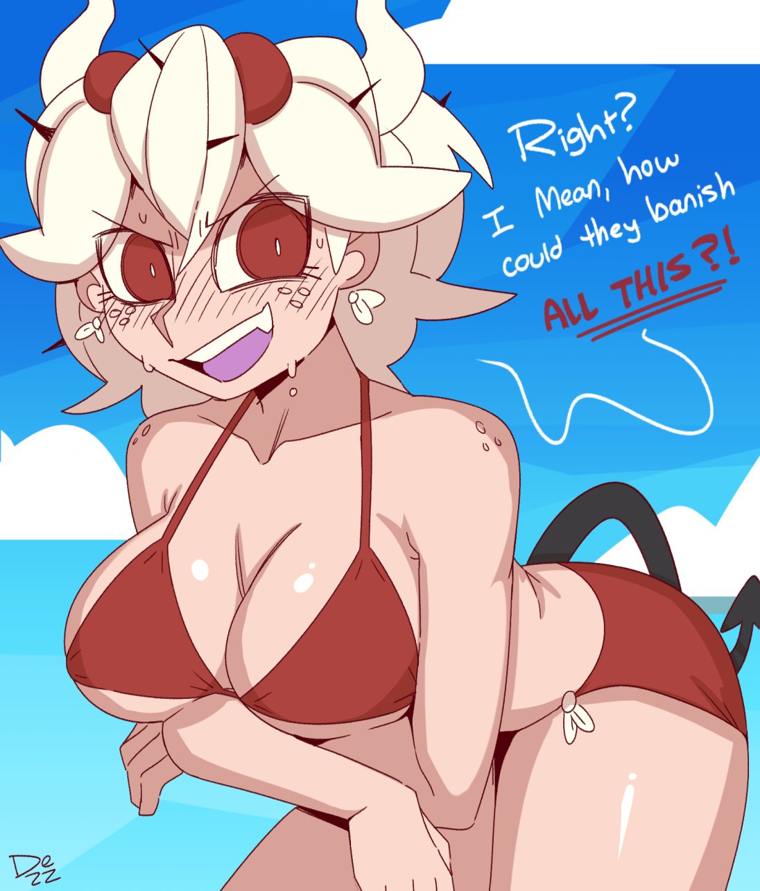 1girls, ass, beelzebub (helltaker), bikini, blue background, breasts, cleavage, demon, demon girl, dezz, dialogue, earrings, freckles, helltaker, horns, open mouth, red eyes, short hair, solo, source request, sweat, tail, text, white hair, white skin