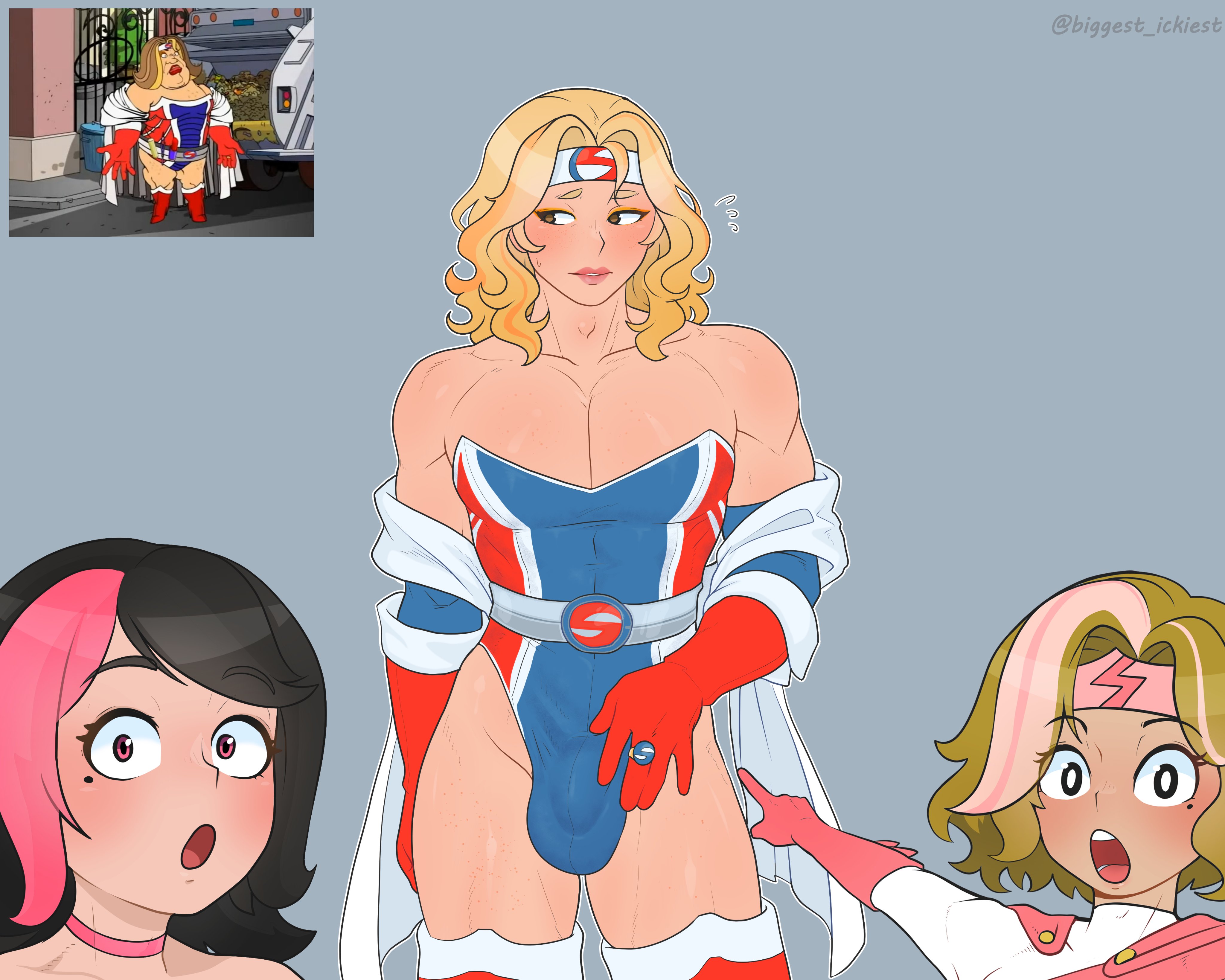 3boys, 3femboys, canon crossdressing, crossdressing, femboy, femboy only, guy hamdon, joe (sheezaam), meme, muscular, muscular femboy, sheezaam, shezow, shezow (character), square crossover, thegreatick, two soyjaks pointing