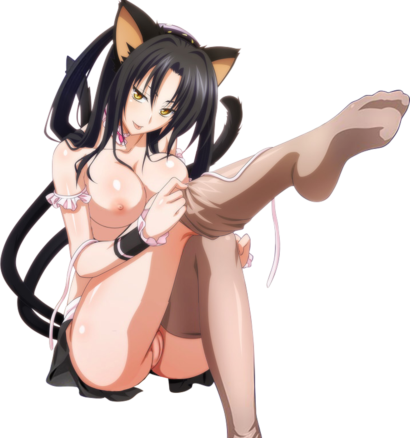 :p, 1girls, 2 tails, adjusting legwear, animal tail, black background, black hair, blush, breast press, breasts, breasts out, cat ears, cat girl, cat tail, choker, cleavage, clothing, dressing, exposed breasts, exposed pussy, feet, female, hair rings, hairband, high school dxd, kuroka (high school dxd), large breasts, leg lift, leg up, legs, lipstick, long hair, looking at viewer, makeup, multi tail, multiple females, multiple girls, naughty, naughty face, nekomata, nipples, no panties, no shoes, paipan, png, pussy, pussy peek, render, shaved pussy, simple background, sitting, slit pupils, smile, sock pull, soles, solo, tail, thighhighs, thighhighs pull, toes, tongue, tongue out, topless, transparent background, undressing, vagina, vagina peek, wrist cuffs, yellow eyes
