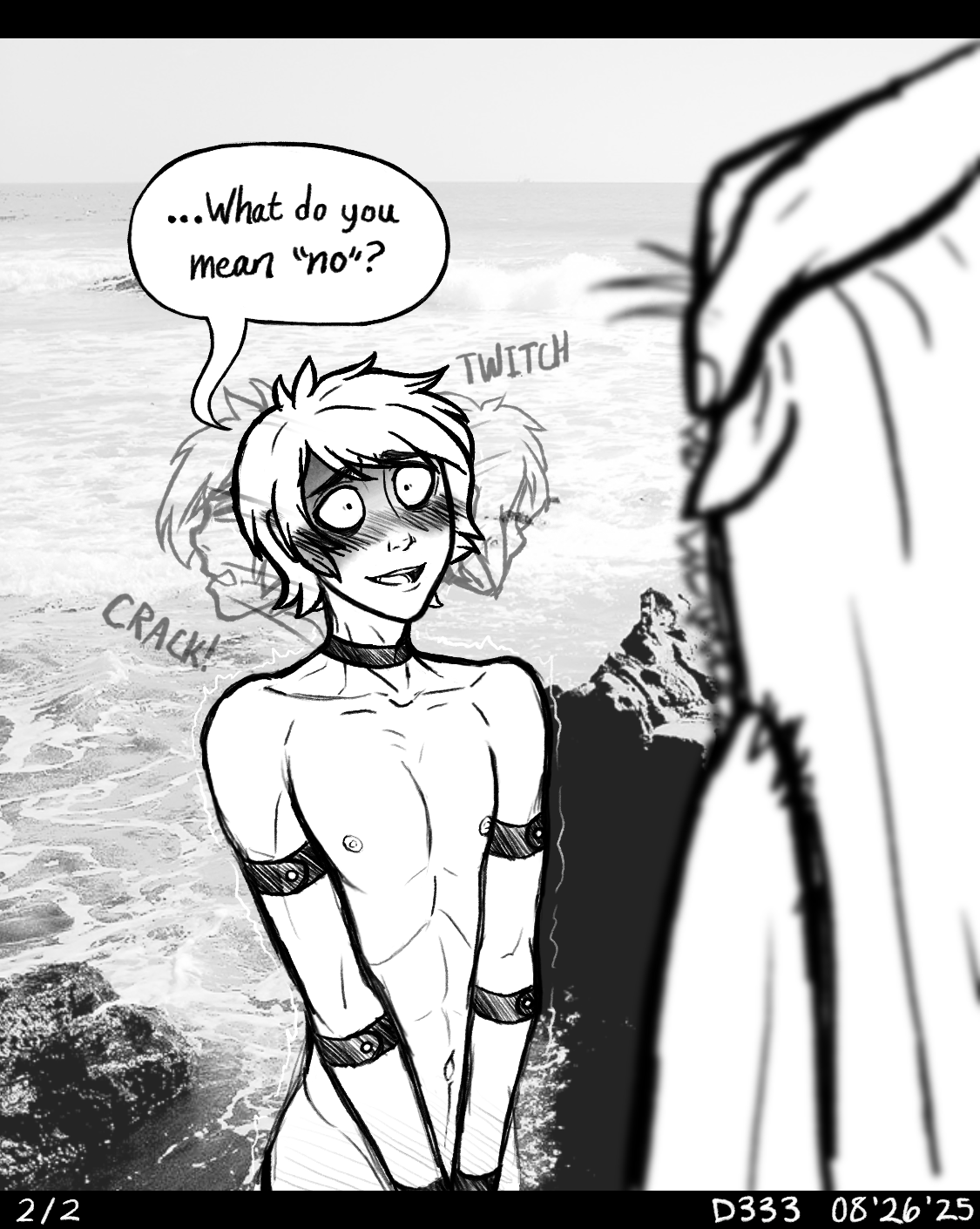 2boys, artist name, black and white, blackmail, blush, blush lines, blushing, blushing at viewer, collar, covering crotch, creepypasta, dubcon, embarrassed, embarrassed nude male, male, male only, naked, naked male, nude, nude male, onomatopoeia, selkie, speech bubble, ticci toby, timestamp, twink