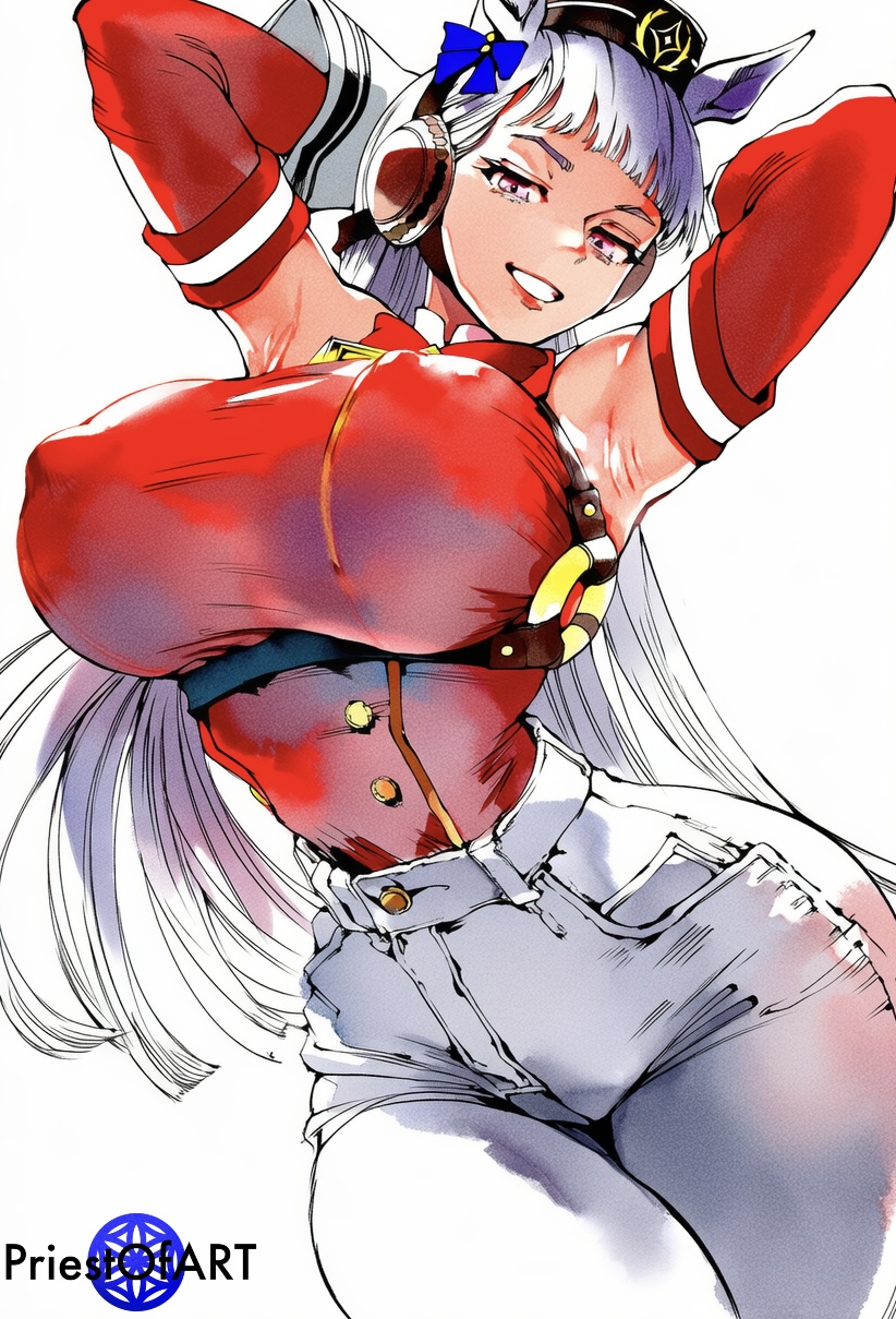 1girls, ai generated, animal ears, armpits, arms up, big ass, big breasts, big butt, blunt bangs, busty, female, female only, gold ship (umamusume), hat, high-waist pants, huge ass, long hair, pants, priestofart, purple eyes, shiny, smile, sweat, thick thighs, umamusume, watercolor, watercolor (artwork), watermark, white pants, wide hips