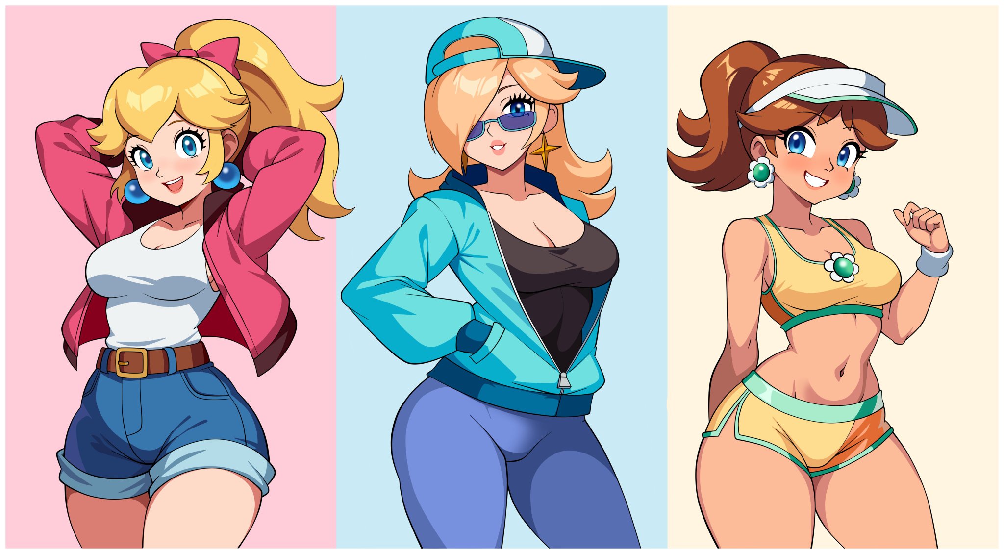2d, 3girls, cleavage, denim, denim shorts, female, light skin, looking at viewer, mario (series), mario kart, mario kart world, nintendo, princess daisy, princess daisy (swimwear), princess peach, princess peach (touring), princess rosalina, princess rosalina (touring), shorts, tagme, thighs, woomy1010