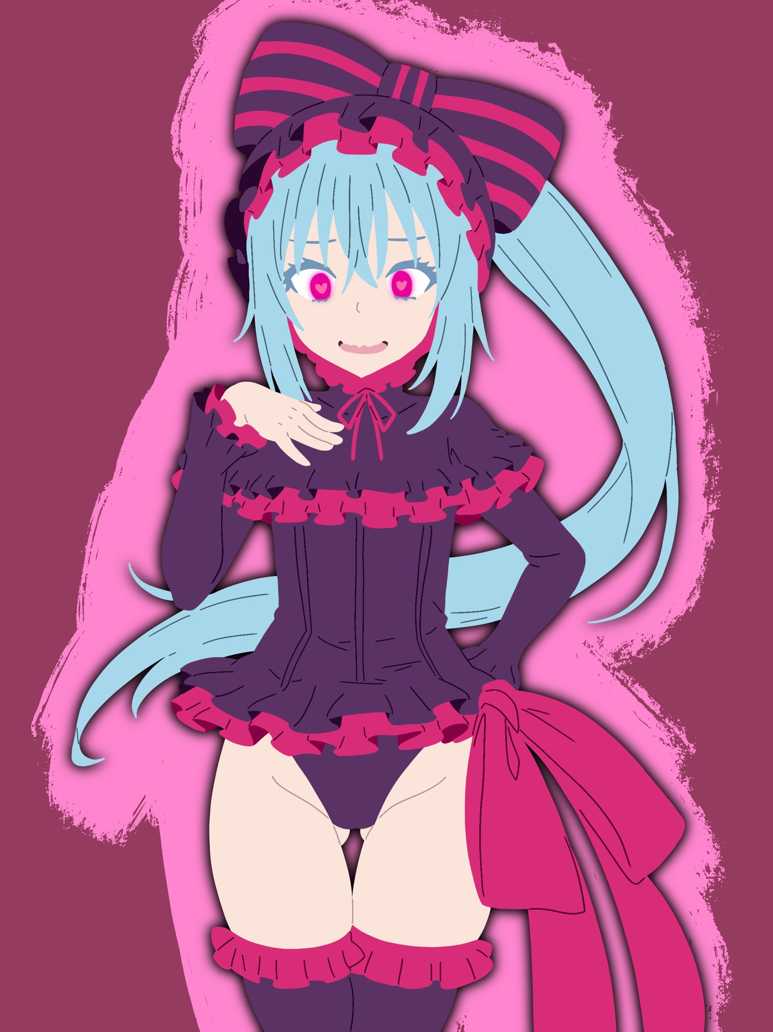 blue hair, frilled leotard, frills, heart-shaped pupils, hypnosis, leotard, overlord (maruyama), pink eyes, ponytail, purple clothes, purple leotard, rimuru tempest, shalltear bloodfallen (cosplay), shalltearification, swisschocoart, tensei shitara slime datta ken, transformation