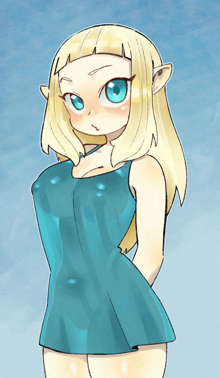 ankama, bakara jurgen, blonde hair, blue dress, blue eyes, cra, cute, dofus, dress, elf, elf ears, erect nipples, female, female only, nightgown, pout, ricotta desu, see-through, see-through clothing, wakfu