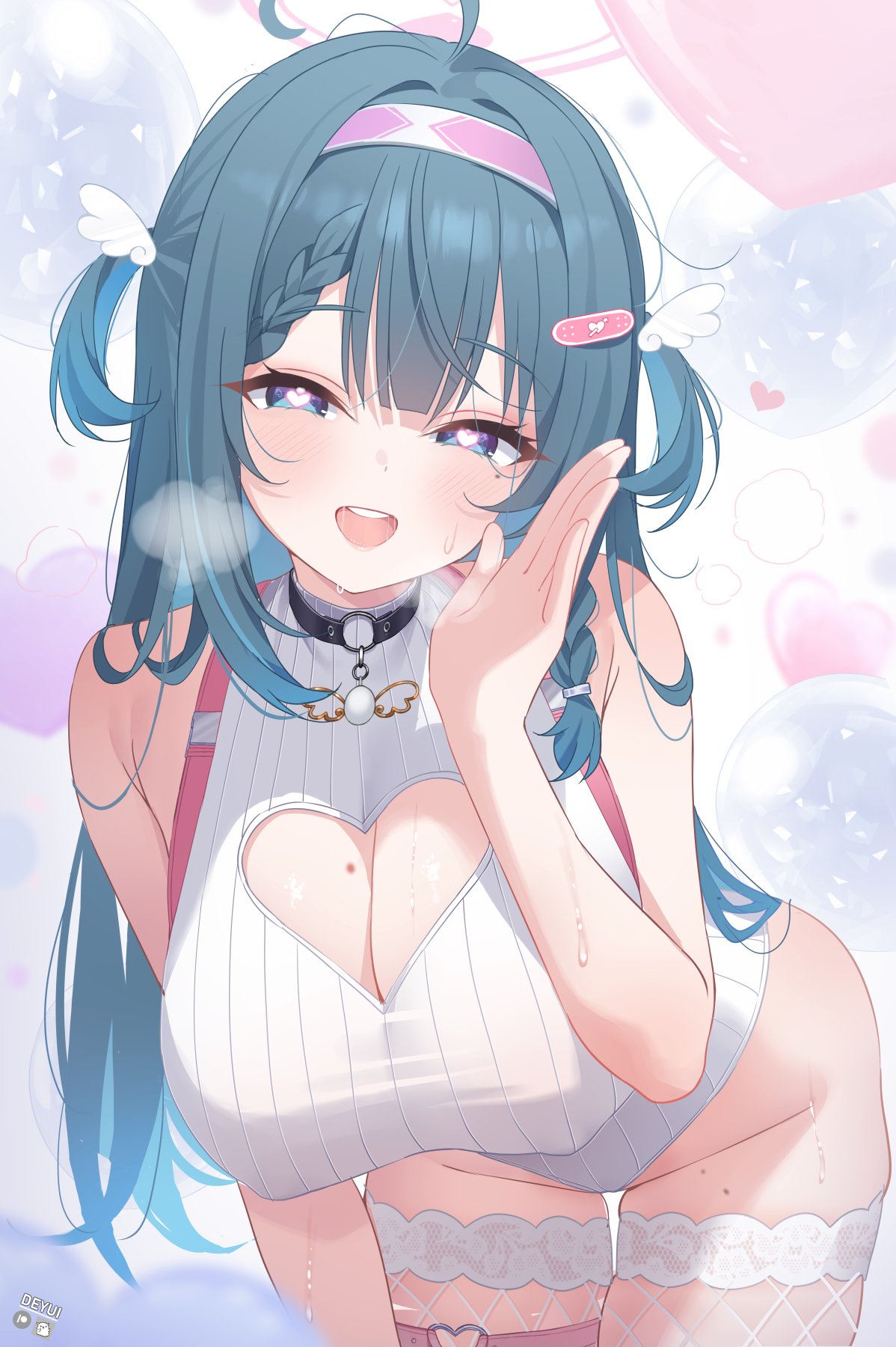1girls, amano nene (vtuber), amano nene (vtuber) (2.0 3d outfit), angel, angel girl, angel wings, beauty mark, blush, breasts, cleavage, clothed, clothing, cyan eyes, cyan hair, deyui, female, female only, head wings, heart cutout, heart-shaped pupils, heavy breathing, huge breasts, indie virtual youtuber, light skin, light-skinned female, nipple bulge, open mouth, solo, sweat, symbol-shaped pupils, virtual youtuber