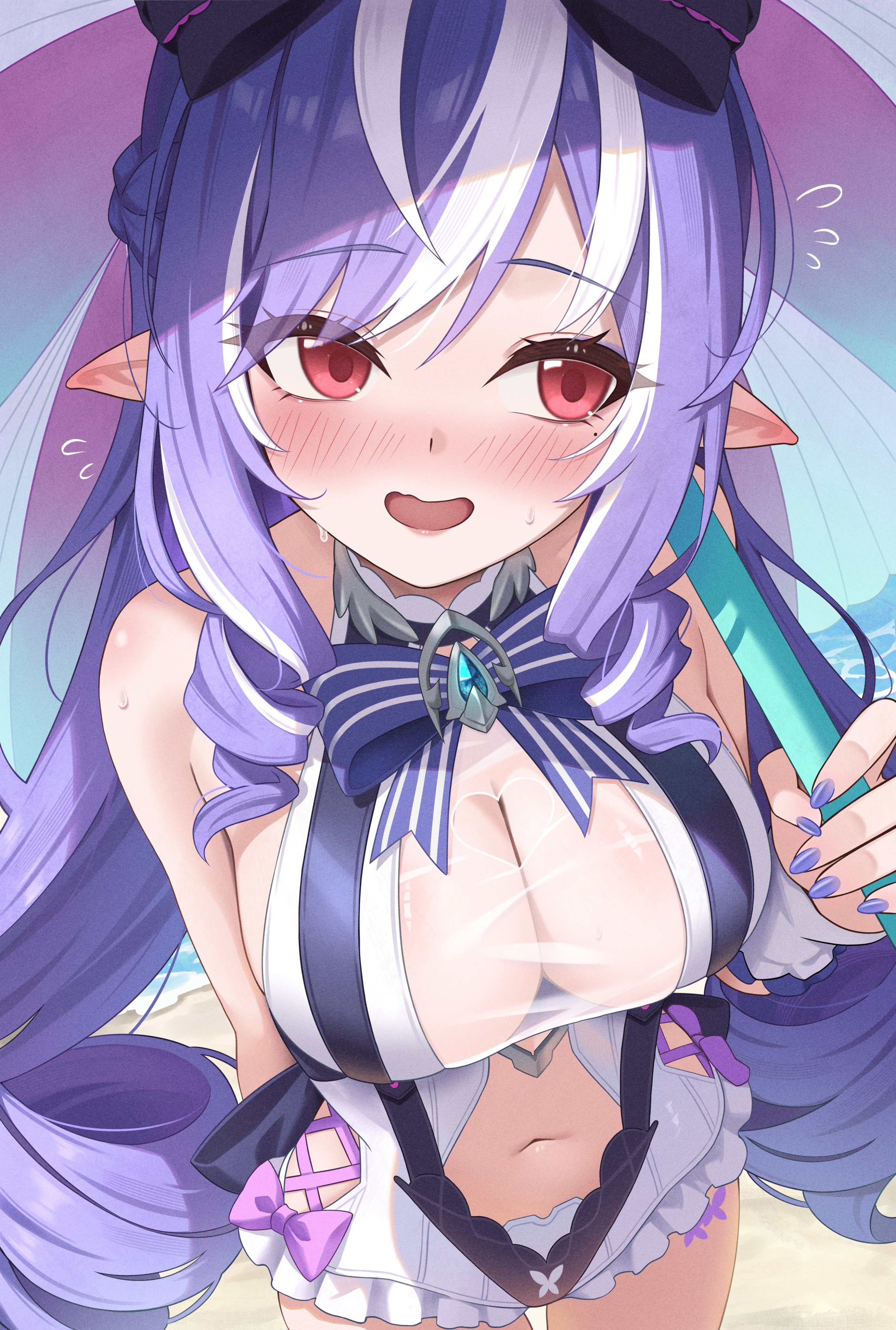 1girls, breasts, exposed breasts, female, hoyoverse, keikei nekokuru, legs, long hair, mihoyo, official alternate costume, purple hair, red eyes, swimsuit, vivian banshee, vivian banshee (iris of the shore), white swimsuit, zenless zone zero