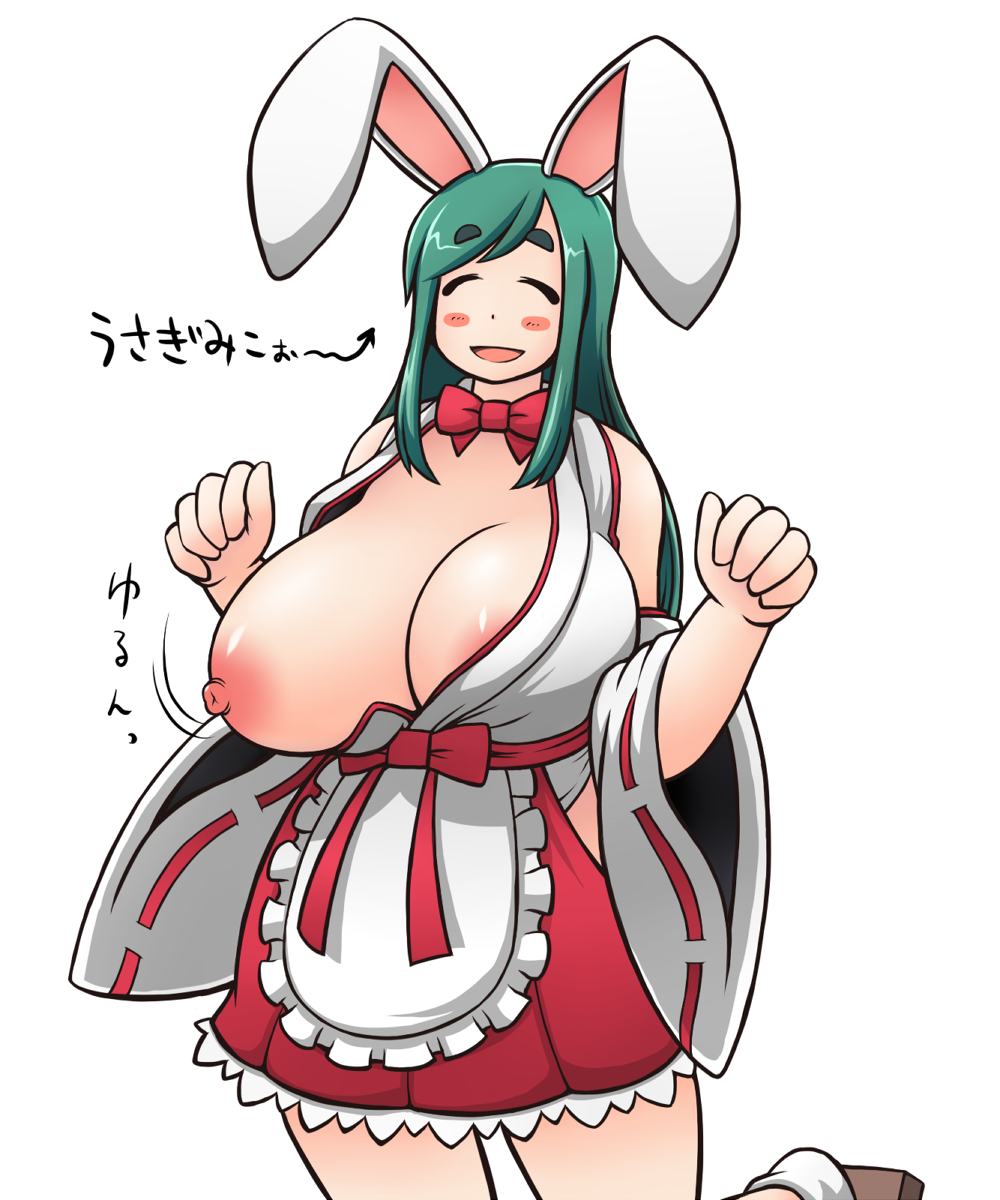 animal_ears apron areolae bare_shoulders blush breast_slip breasts bunny_ears closed_eyes clothing detached_sleeves esenoji female green_hair happy huge_breasts long_hair miko nipples ribbon sengoku_collection simple_background skirt solo standing translated usagi-miko_(sengoku_collection) white_background