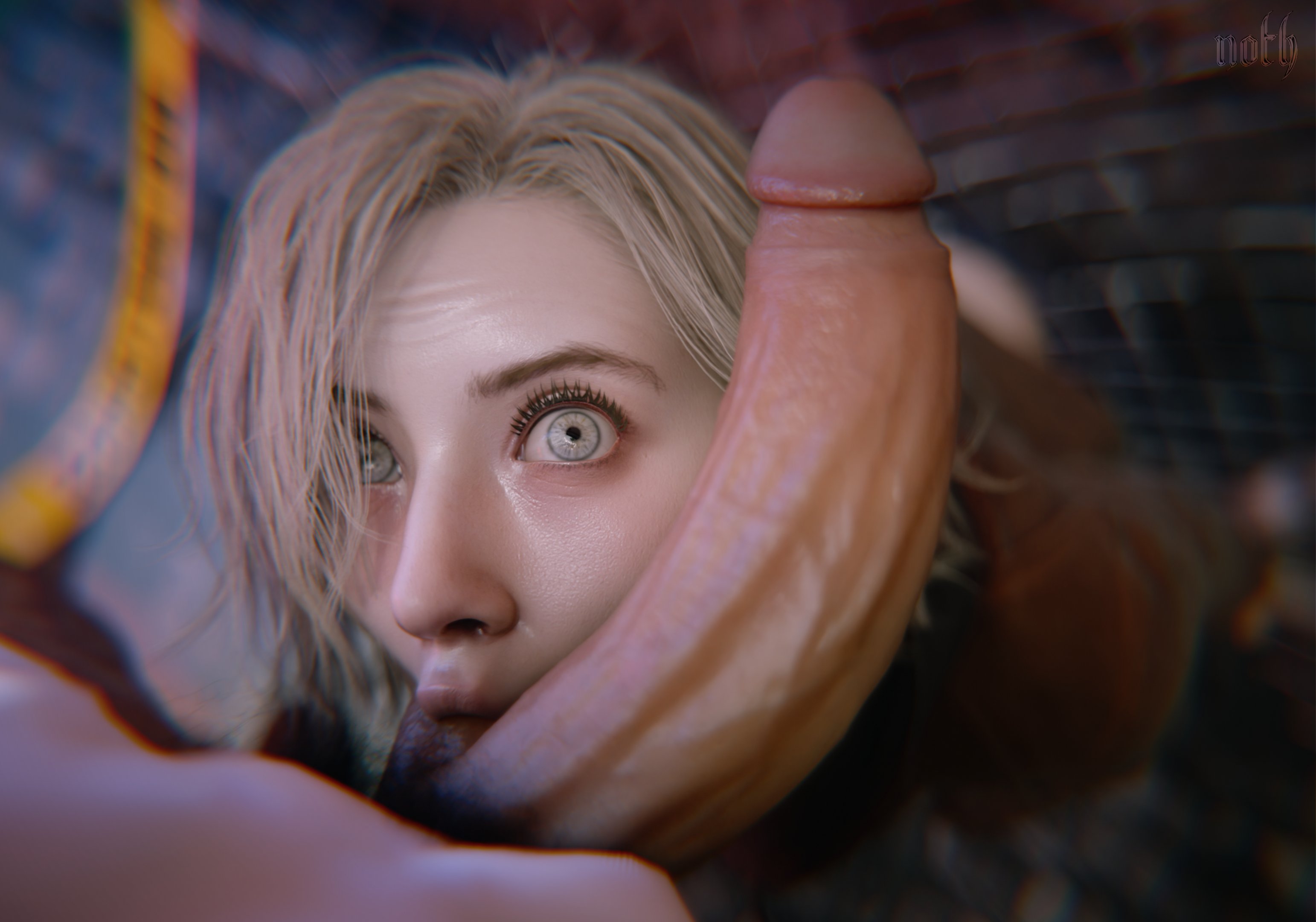 1boy, 1girls, 3d, 3d (artwork), absurdly large cock, aryan, balls in mouth, big penis, blonde female, blue eyes, close up, close up view, close-up, closeup, closeup view, clothed female nude male, female, female focus, from below, grace ashcroft, grace ashcroft (julia pratt), hairy penis, hi res, high resolution, highres, huge balls, huge cock, huge penis, large penis, male pubic hair, nothzard, oral, oral sex, penis, penis awe, resident evil, resident evil 9: requiem, shocked, shocked expression, shocked eyes, short hair, sucking balls, sucking testicles, tagme, testicles, wavy hair