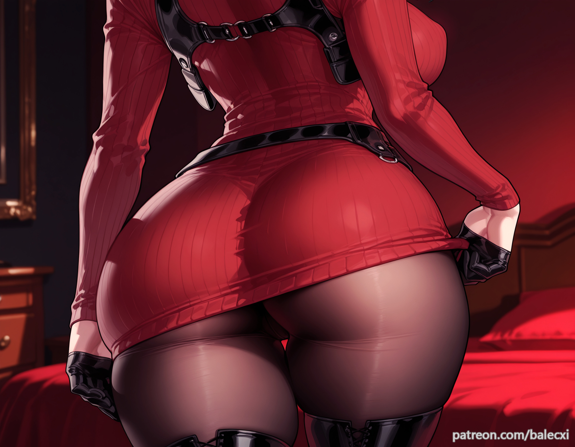 ada wong, ai generated, ass focus, balecxi, black gloves, boots, breasts, capcom, dress, female, from behind, half gloves, head out of frame, huge ass, large breasts, long sleeves, lower body, pantyhose, patreon username, red sweater, resident evil, resident evil 4, resident evil 4 remake, shoulder holster, solo, thick thighs, thigh boots