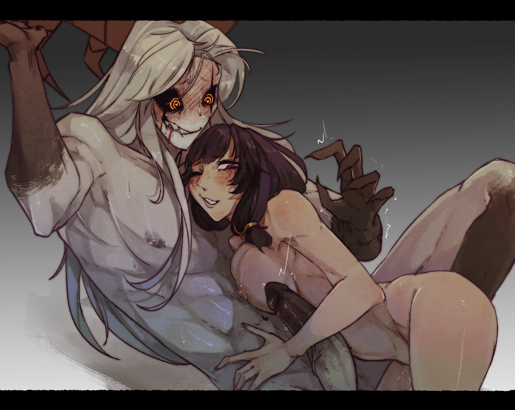 :), :d, :v, abs, aggressivedog01 (artist), biting lip, black gradient arms, black sclera, blush, clawed fingers, gradient, gradient legs, gradient limbs, gradient penis, heart-shaped pupils, help, horns, idk what to tag it, lmao, long hair, long hair male, medium breasts, muscular, muscular male, no nose, non-human, oc, pierrot (the freak circus), precum, pressing breasts, sharp teeth, silver hair, size difference, sweat, the freak circus, twitching, white hair, white skin, yellow eyes