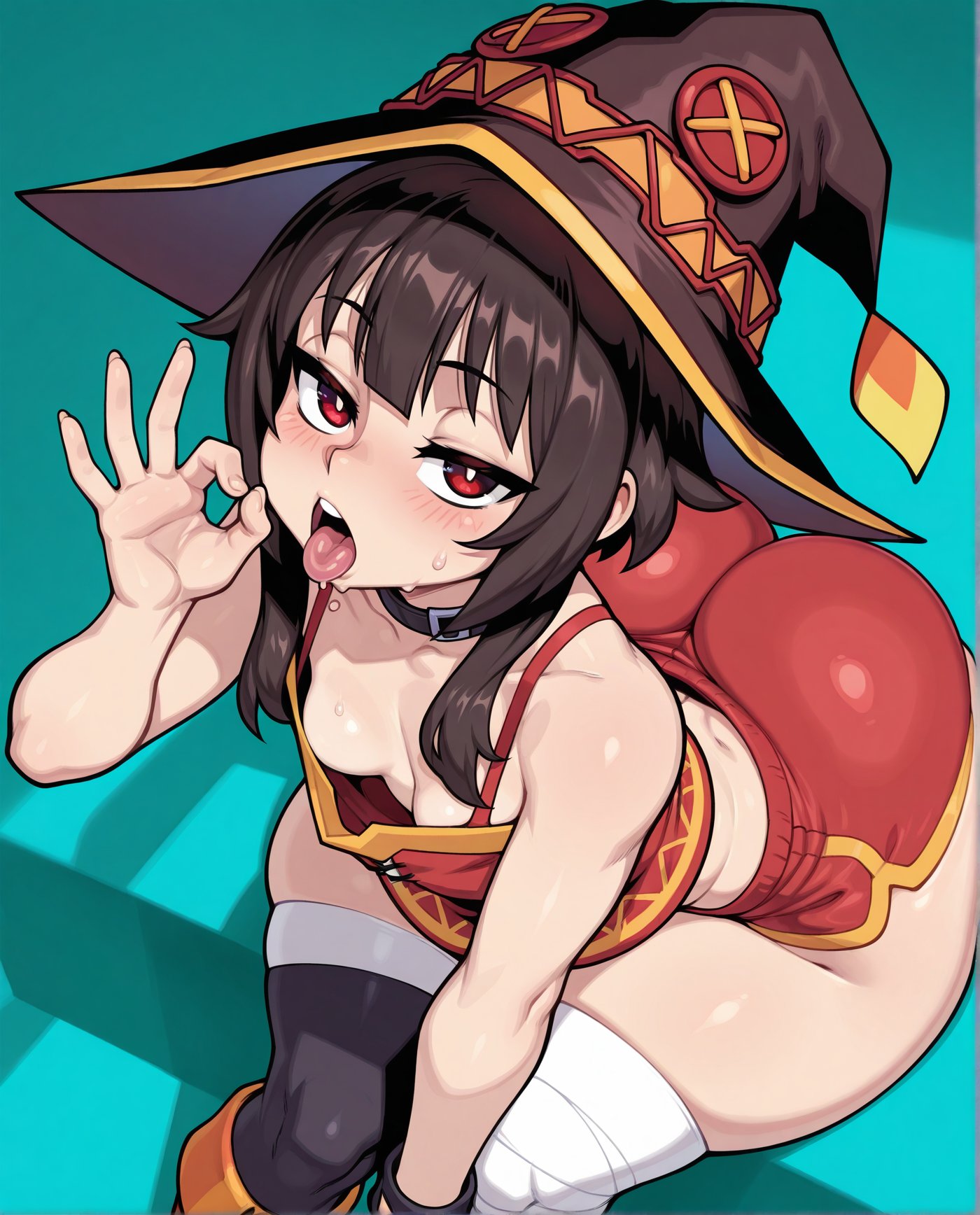 ai generated, big ass, bottom heavy, choker, close up, close up face, close up view, close-up, closeup, closeup view, face close up, face close-up, face closeup, face focus, fellatio gesture, female, hat, kono subarashii sekai ni shukufuku wo!, konosuba, megumin, mochipawg, mouth close up, mouth close-up, mouth closeup, open mouth, open mouth tongue out, open mouth tongue-out, red eyes, saliva, shiny skin, tongue out, tongue out open mouth