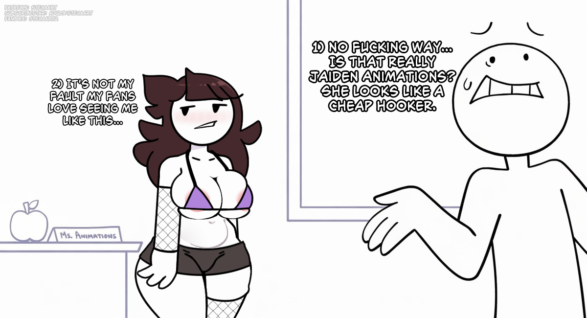 1boy, 1girl, 1other, aureola, bikini, bikini top only, black shorts, blush, breasts, brown hair, cleavage, clothing, curvy, detached sleeves, english text, female, fishnet gloves, fishnet thighhighs, fishnets, flat color, huge breasts, jaiden, jaiden (jaiden animations), jaiden animations, jaidenanimations, large breasts, long hair, micro bikini, parted lips, profanity, purple bikini, sexy, sexy pose, short shorts, shorts, single thighhigh, spot color, steca, sweatdrop, swimsuit, teeth, text, thelazyart, thick, thick legs, thick thighs, thighhighs, web address, youtube, youtuber, youtuber character, youtuber girl, youtubers