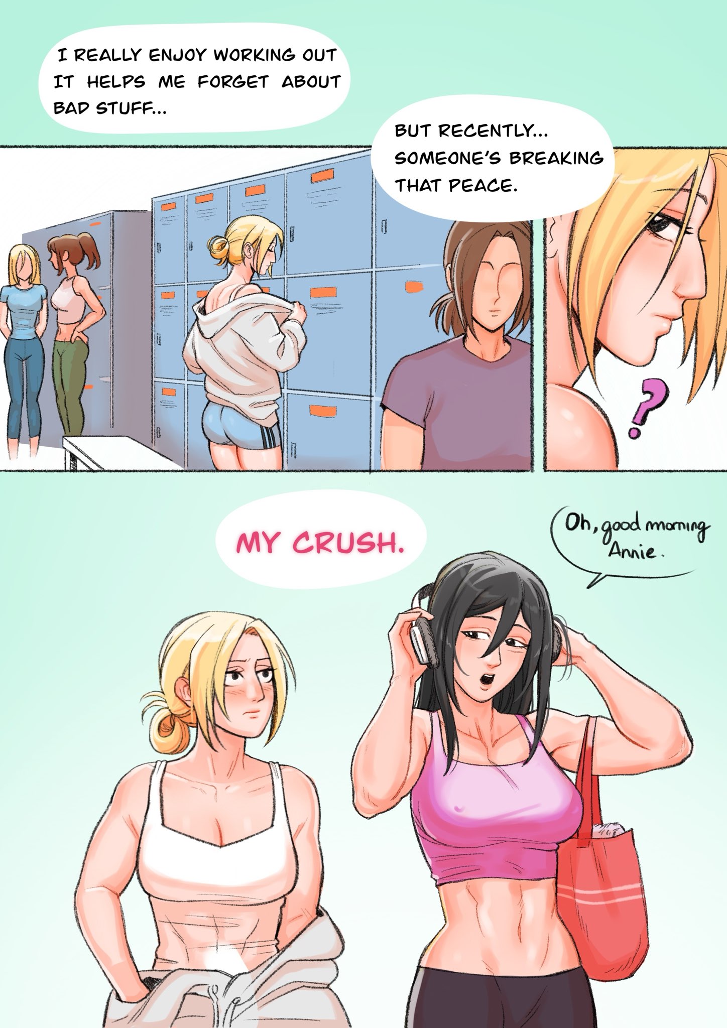 5girls, abs, annie leonhardt, asian, asian female, attack on titan, black hair, black-haired female, blonde female, blonde hair, blonde hair female, blonde-haired female, dressing room, female, female only, female/female, gamine shh, gym, historia reiss, interracial, interracial yuri, locker room, long hair, mikannie, mikasa ackerman, multiple females, multiple girls, muscles, muscular, muscular female, page 1, sasha braus, shingeki no kyojin, short hair, tagme, tomboy, wasian girl, ymir (shingeki no kyojin), yuri