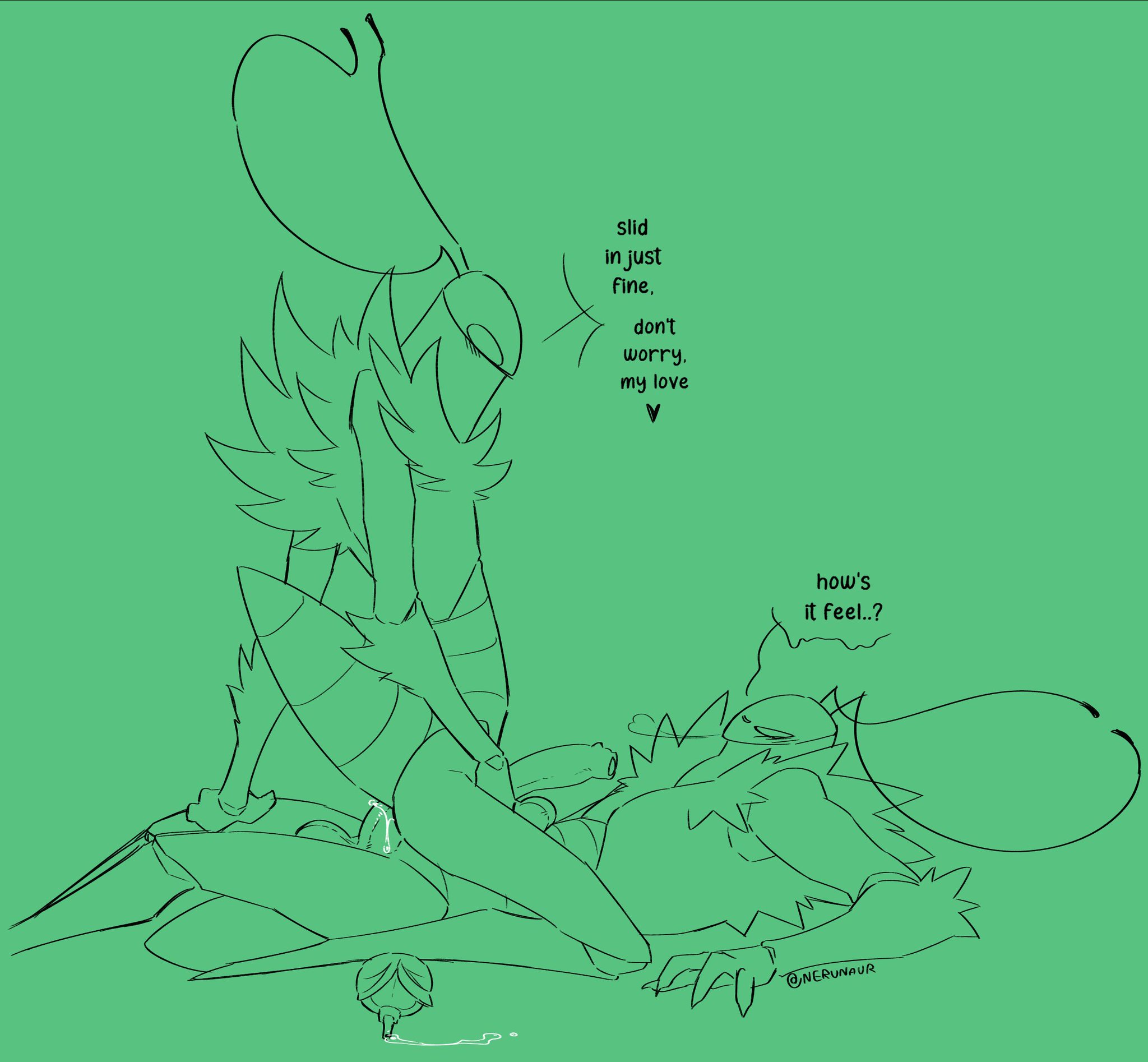 anal sex, anthro, arthropod, gay, genital fluids, green prince (hollow knight), hollow knight, hollow knight (franchise), hollow knight: silksong, insects, male, male/male, nerunaur, penis, sex, simple background, text, yaoi
