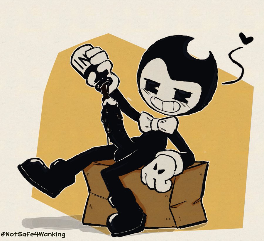 bendy, bendy and the dark revival, bendy and the ink machine, bendy the dancing demon, black body, bowtie, cardboard box, cartoony, demon, ink, male, male only, mascot horror, notsafeforwanking, penis, rubberhose, simple background, sitting, smile, solo, toony