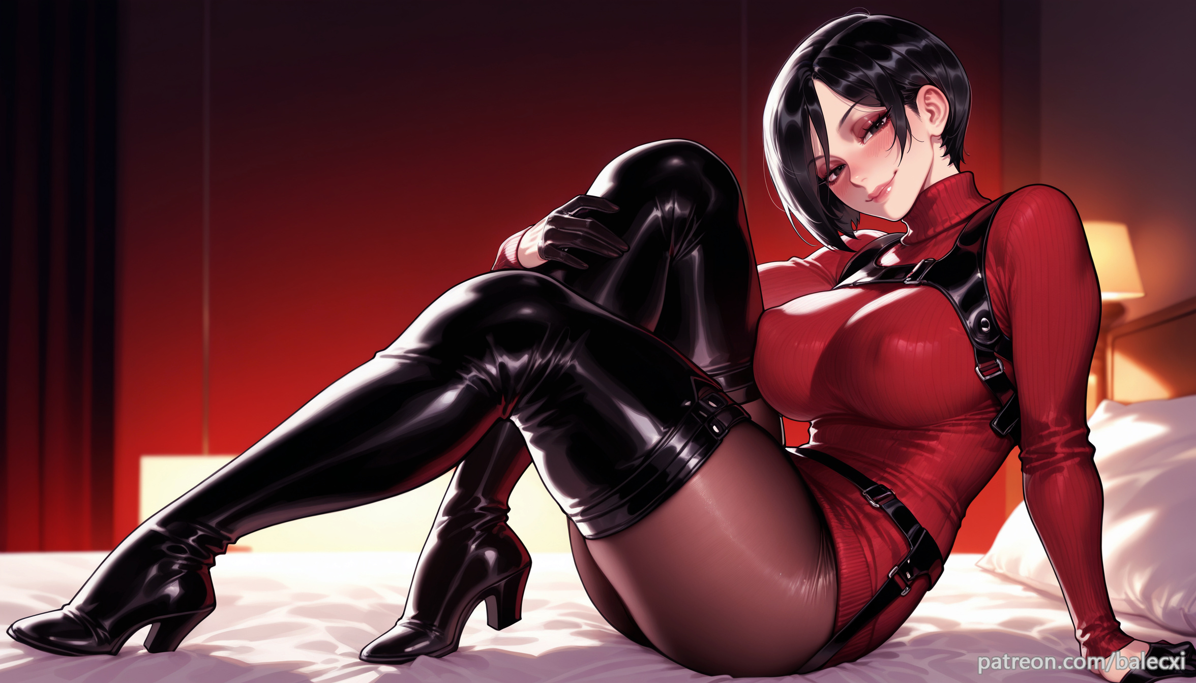 ada wong, ai generated, arm support, artist name, balecxi, black gloves, black hair, boots, breasts, capcom, covered nipples, dress, female, high heel boots, high heels, large breasts, long sleeves, looking at viewer, on bed, pantyhose, patreon username, pillow, red sweater, resident evil, resident evil 4, resident evil 4 remake, short hair, sitting, smile, solo, thigh boots, turtleneck, turtleneck sweater