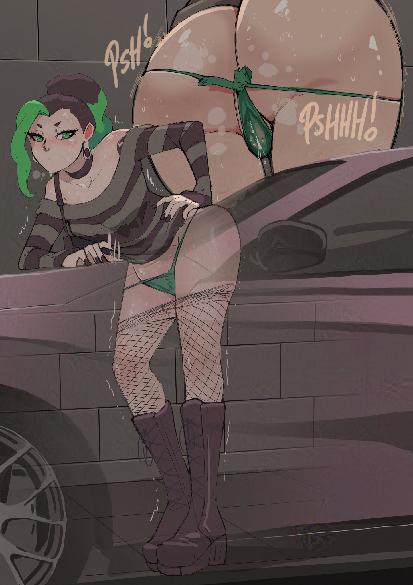 1girls, ass, bare shoulders, biku, black choker, black nails, bladder bulge, blush, boots, car, choker, dress, dress lift, female, fishnets, green eyes, green panties, green thong, hair, hand on hip, hand on own hip, have to pee, large ass, leaking, leaking urine, need to pee, onomatopoeia, original, panties, panty pull, shiny skin, solo, solo female, solo focus, striped dress, sweat, sweaty, sweaty ass, thighs, thong, two-tone hair, underwear, vera (biku), wet, wet panties, wet thong