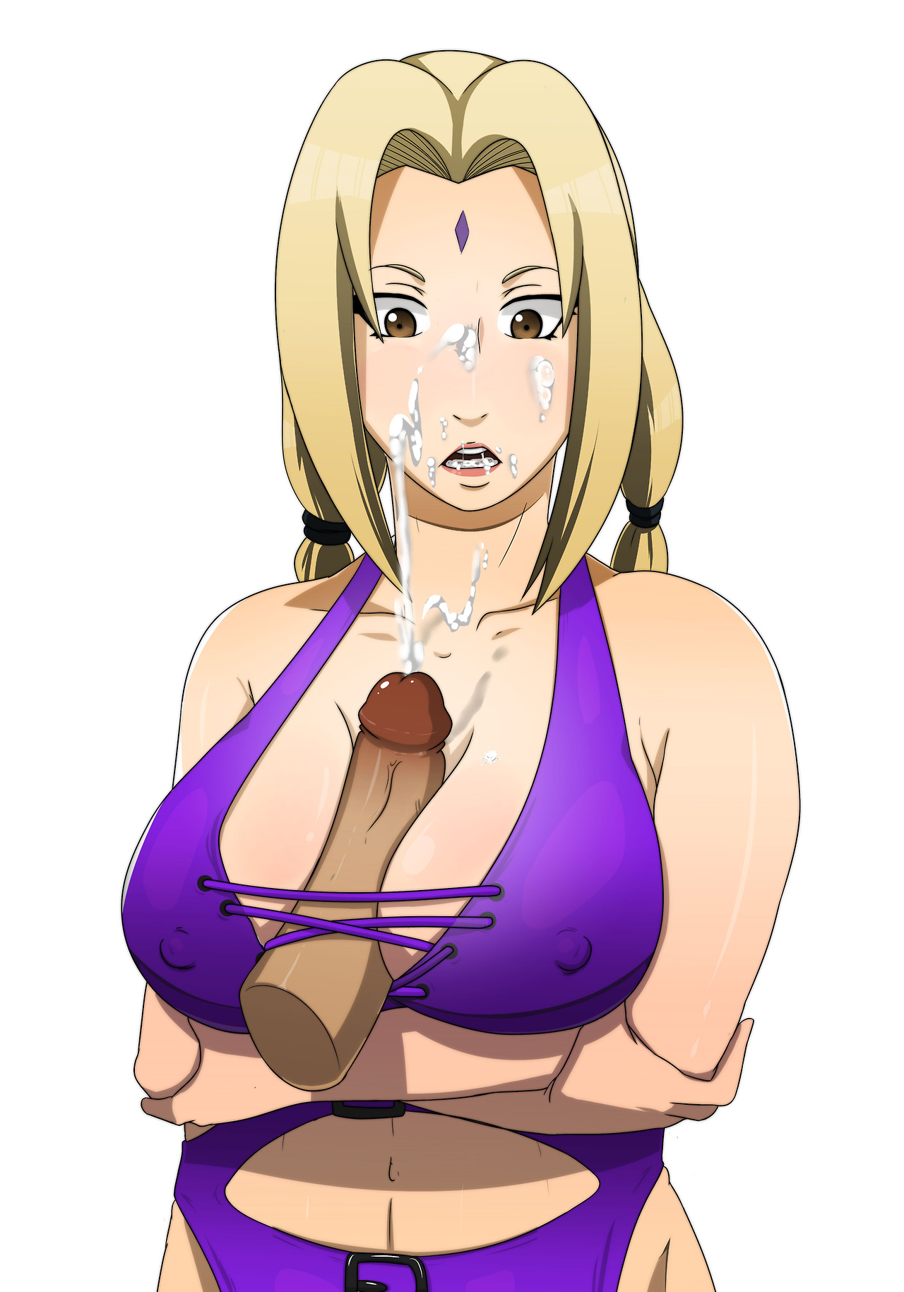 after oral, blonde hair, breasts, brown eyes, cleavage, clothed, crossed arms, cum, cum drip, cum in mouth, cum on face, cumshot, disembodied penis, erect nipples, female, human, large breasts, large penis, looking down, male, meteorreb0rn, naruto, naruto (series), nipples, open mouth, oral, paizuri, penis, straight, surprised, swimsuit, tsunade