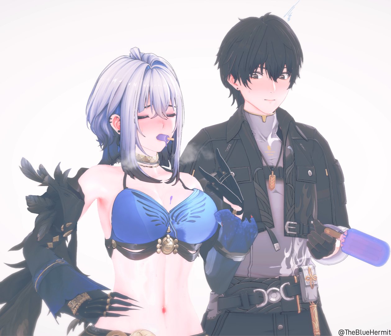 athletic, athletic female, blush, bra, breasts, clothed, clothes, clothing, female, galbrena (wuthering waves), gloves, jacket, jacket off shoulders, larger male, long hair, male, male rover (wuthering waves), popsicle, popsicle in mouth, popsicle melting, rover (wuthering waves), short hair, shorter female, smaller female, taller male, thebluehermit, tummy, wuthering waves