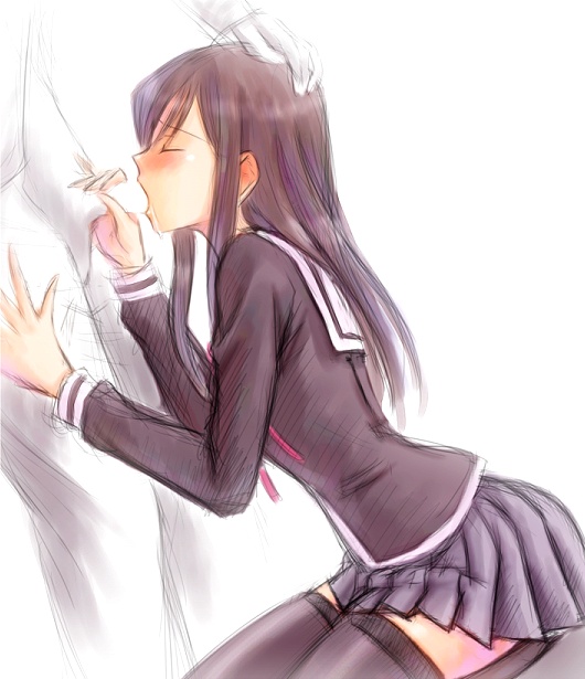 amamiya_sayuri black_hair blush bonnie_(rsg) dutch_angle faceless_male fellatio hand_on_head long_hair oral school_uniform sitting thighhighs tokimeki_memorial tokimeki_memorial_online