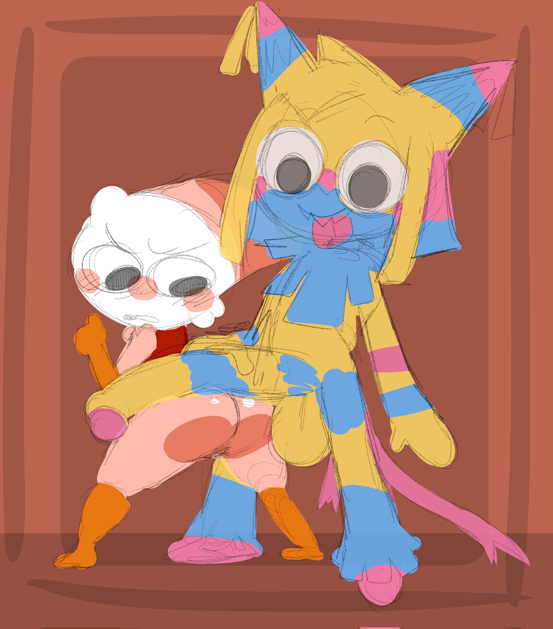 1boy, 1futa, balls, ballsack, big penis, blue body, blue fur, blue hair, cock on ass, curved penis, curvy penis, dandy's world, dubious consent, duo, fat ass, fat cock, femboy, foreskin, futanari, hi res, huge cock, hyper penis, intersex, long cock, long hair, looking back, male, multicolored body, multicolored fur, multicolored hair, nervous, nervous expression, no consent needed, orange body, orange fur, penis, pink body, pink fur, pink hair, pink tail, probably stinks, shrimpo (dandy's world), size difference, sketch, sticking out tongue, thick thighs, tongue, tongue out, uncircumcised, white body, white fur, yatta (dandy's world), yattas world, yellow body, yellow fur, yellow hair