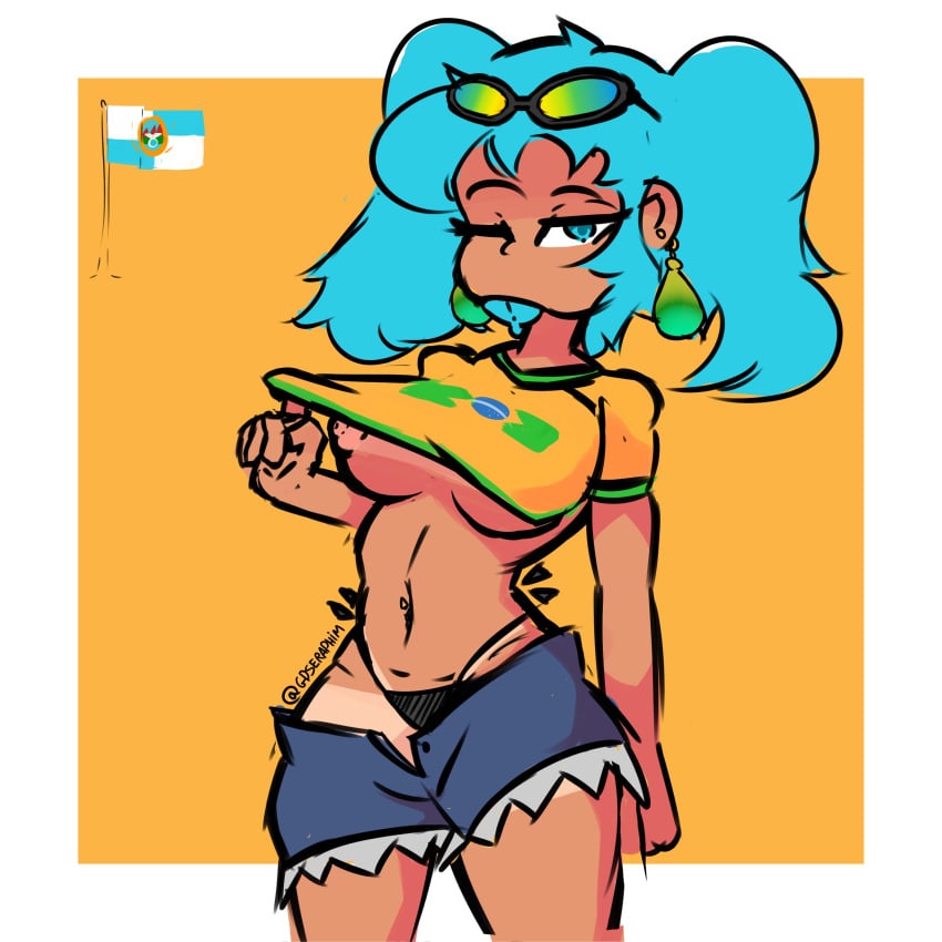 1girl, aqua hair, belly, belly button, big breasts, black panties, black thong, blue eyes, blue hair, blue shorts, blue tongue, brazil, brazilian, brazilian female, brazilian miku, breasts, clothes lift, clothes pull, cowboy shot, crop top, earrings, eyewear on head, female, gdseraphim, hatsune miku, jean shorts, jewelry, jorts, looking at viewer, medium breasts, navel, nipples, one eye closed, panties, piercing, shirt, shirt lift, short sleeves, shorts, solo, sunglasses, sunglasses on head, tan, tan skin, tan-skinned female, tanline, tanlines, thong, torn clothing, torn legwear, twintails, twitter username, underwear, wink, yellow shirt