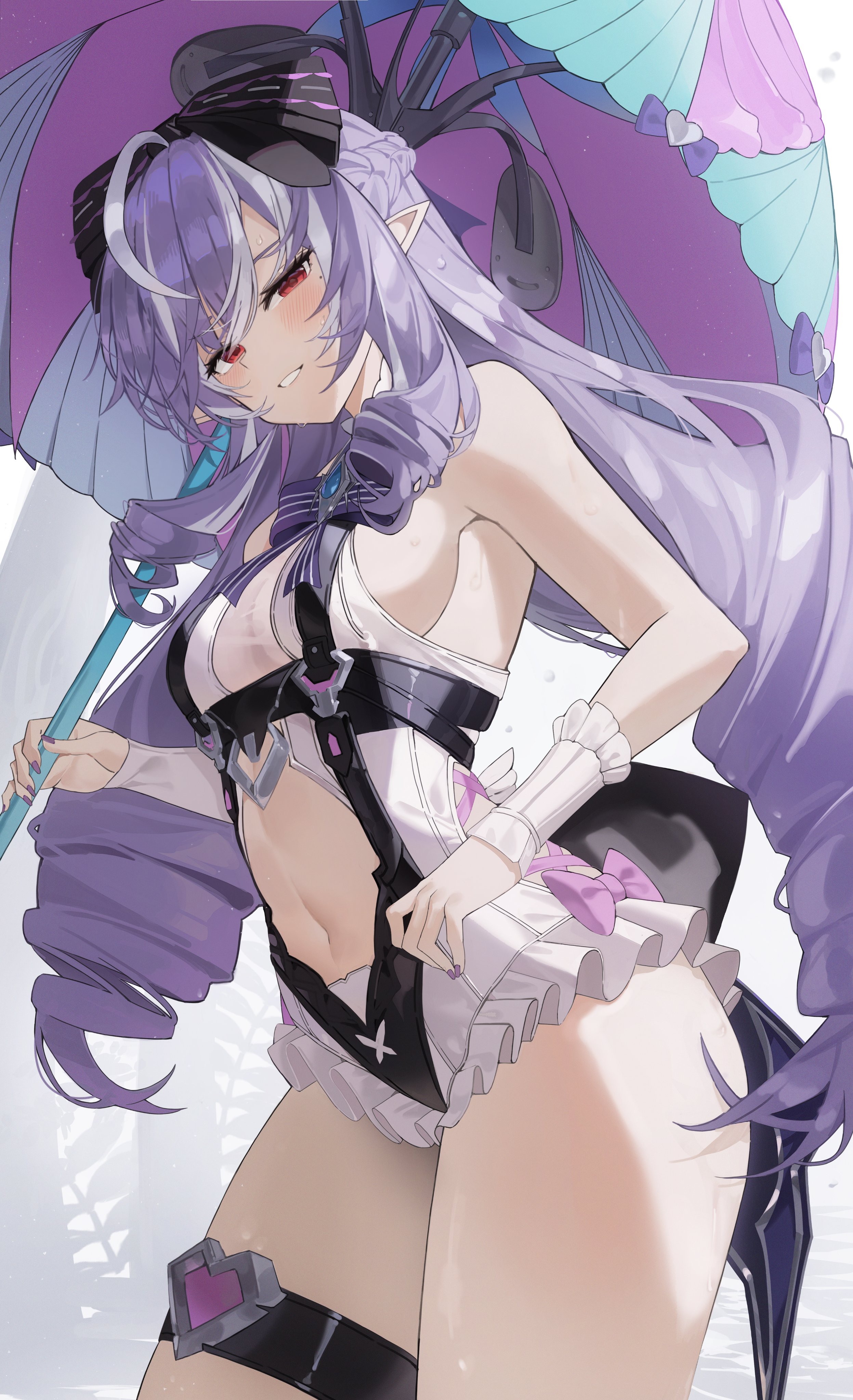 1girls, breasts, exposed breasts, female, hoyoverse, kj00315422, legs, long hair, mihoyo, official alternate costume, purple hair, red eyes, swimsuit, vivian banshee, vivian banshee (iris of the shore), white swimsuit, zenless zone zero