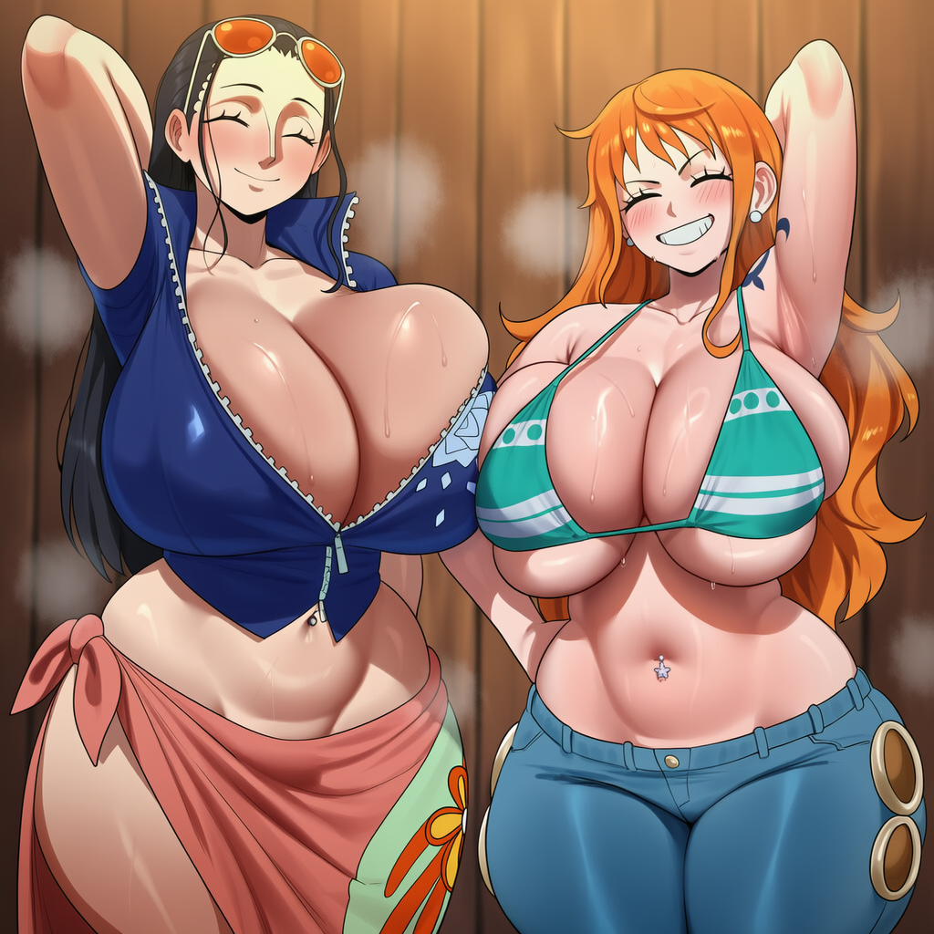 2girls, about to burst, ai generated, areolae, arm behind head, arm up, armpits, arms behind head, bangs, barely contained, barely contained breasts, barely fits, big breasts, bikini, bikini top, black hair, blue bikini, blush, breasts, breasts too big, bursting breasts, cleavage, closed eyes, curvy, denim, earrings, eyewear on head, female, female only, grin, hair slicked back, huge breasts, imminent wardrobe malfunction, jeans, jewelry, long hair, multiple females, multiple girls, nami (one piece), navel, navel piercing, nico robin, no panties, one piece, pants, piercing, smile, steam, strained zipper, straining clothing, sunglasses, sweat, swimsuit, thick thighs, thighs, tight clothes, tight clothing, tight fit, too tight, undersized clothes, undersized clothing, unown18, zipper