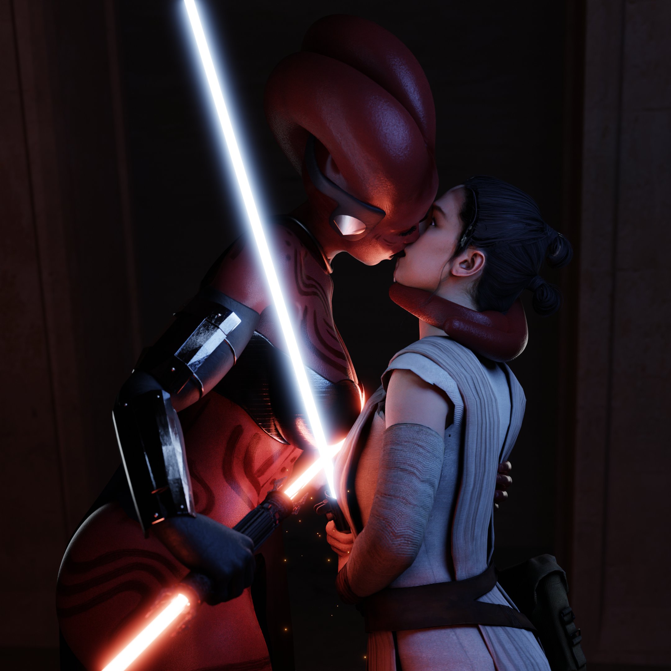 2girls, 3d, alien, alternate version at source, blue lightsaber, daisy ridley, darth talon, female, female only, kissing, lightsaber, red lightsaber, red skin, rey, scrappy-coco, star wars, yuri