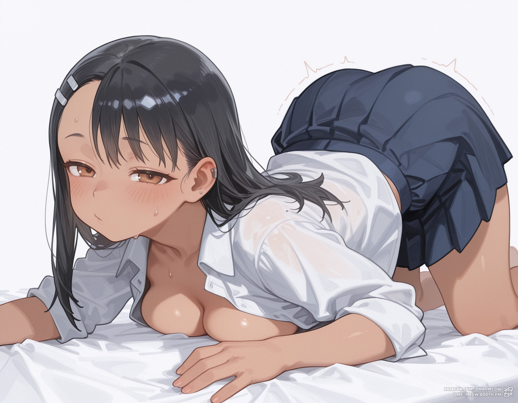 ai generated, all fours, alternate breast size, ass, asymmetrical bangs, bangs, bed, bed sheet, black hair, black skirt, blue skirt, blush, breast press, breasts, brown eyes, cleavage, closed mouth, clothing, collared shirt, dmk meow, ear piercing, earclip, fanbox username, female, female only, hair ornament, hairclip, half-closed eyes, hayase nagatoro, long hair, looking at viewer, lying, medium breasts, on bed, open clothes, open shirt, patreon username, please don't bully me, nagatoro, pleated skirt, school uniform, shirt, simple background, skirt, solo, sweat, sweaty clothes, tan, top-down bottom-up, trembling, uniform, web address, white background, white shirt