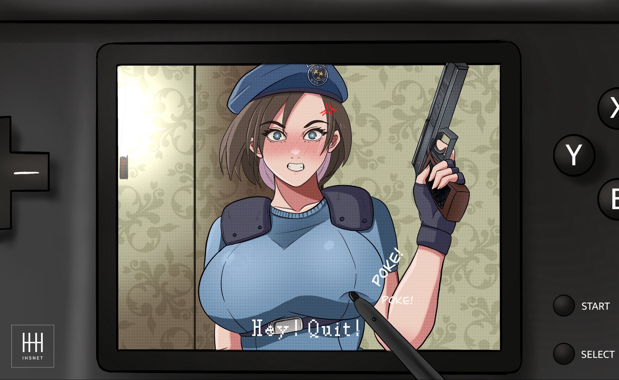 1girls, 2025, 2d, 2d (artwork), 2d artwork, angry, angry expression, angry face, annoyed, annoyed expression, beret, big breasts, blue eyes, blush, blushing at viewer, breaking the fourth wall, breasts, brown hair, capcom, ds stylus, female, female focus, female only, gloves, gun, handgun, hat, high resolution, highres, huge breasts, humor, ihsnet, jill valentine, looking at viewer, mouth, mouth open, nintendo, nintendo ds, nintendo ds lite, open mouth, plump breasts, poke, poking, poking breasts, resident evil, shiny breasts, shiny hair, shiny skin, short hair, solo, solo female, solo focus, sound effects, staring, staring at viewer, stylus, teeth, teeth clenched, teeth showing, teeth visible, text, tight clothes, tight clothing, tight shirt