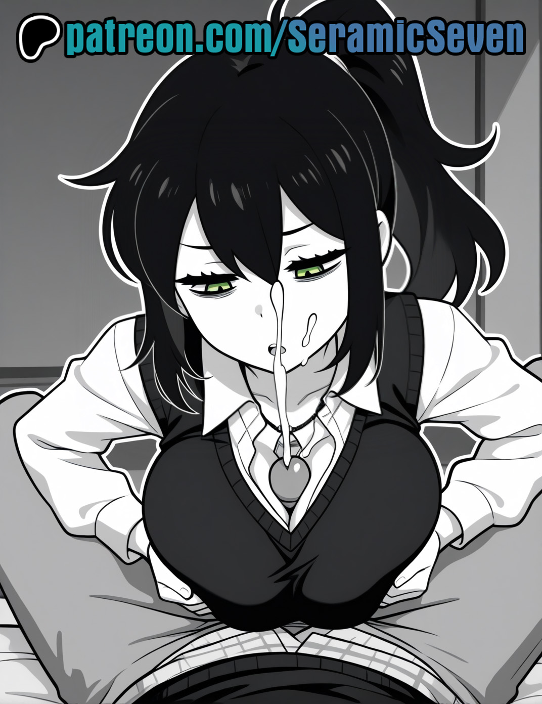 1boy, 1boy1girls, 1girls, 2025, 2d, accurate art style, ai, ai generated, anime, anime style, big breasts, breasts, clothed paizuri, cum, cum on face, cumming, cumming from paizuri, cumshot, dark hair, female, green eyes, high quality, high resolution, highres, large breasts, light skin, light-skinned female, light-skinned male, male, male pov, male/female, mature female, milf, mommy, monochrome, mother (the coffin of andy and leyley), necklace, paizuri, paizuri lead by female, parted lips, penis, ponytail, pov, pov male, renee graves, seramic seven, short hair, squeezing breasts together, the coffin of andy and leyley, uncensored, uncensored penis