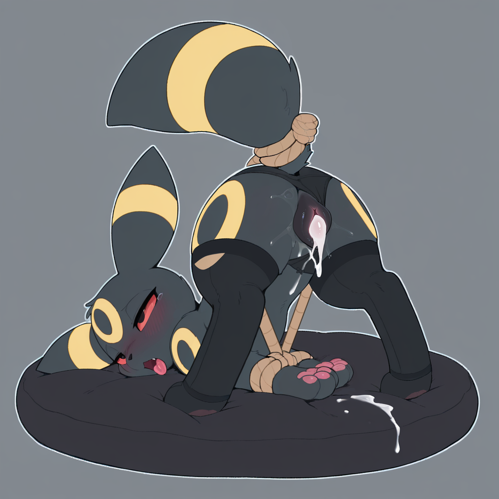 after sex, ai generated, animal genitalia, animal pussy, ass up, black body, black fur, blush, bodily fluids, bondage, bound, canine genitalia, canine pussy, clitoris, clothing, clothing aside, cum, cum in pussy, cum inside, cute fangs, eeveelution, female, feral, fucked silly, fur, fur markings, generation 2 pokemon, genital fluids, genitals, hands tied, leaking cum, legwear, markings, nintendo, outline, panties, panties aside, pawpads, paws, pokemon, pokemon (species), pussy, raised tail, red eyes, restraints, ring (marking), rope, rope bondage, simple background, solo, stockings, tears, tongue, tongue out, umbreon, underwear, underwear aside, white outline