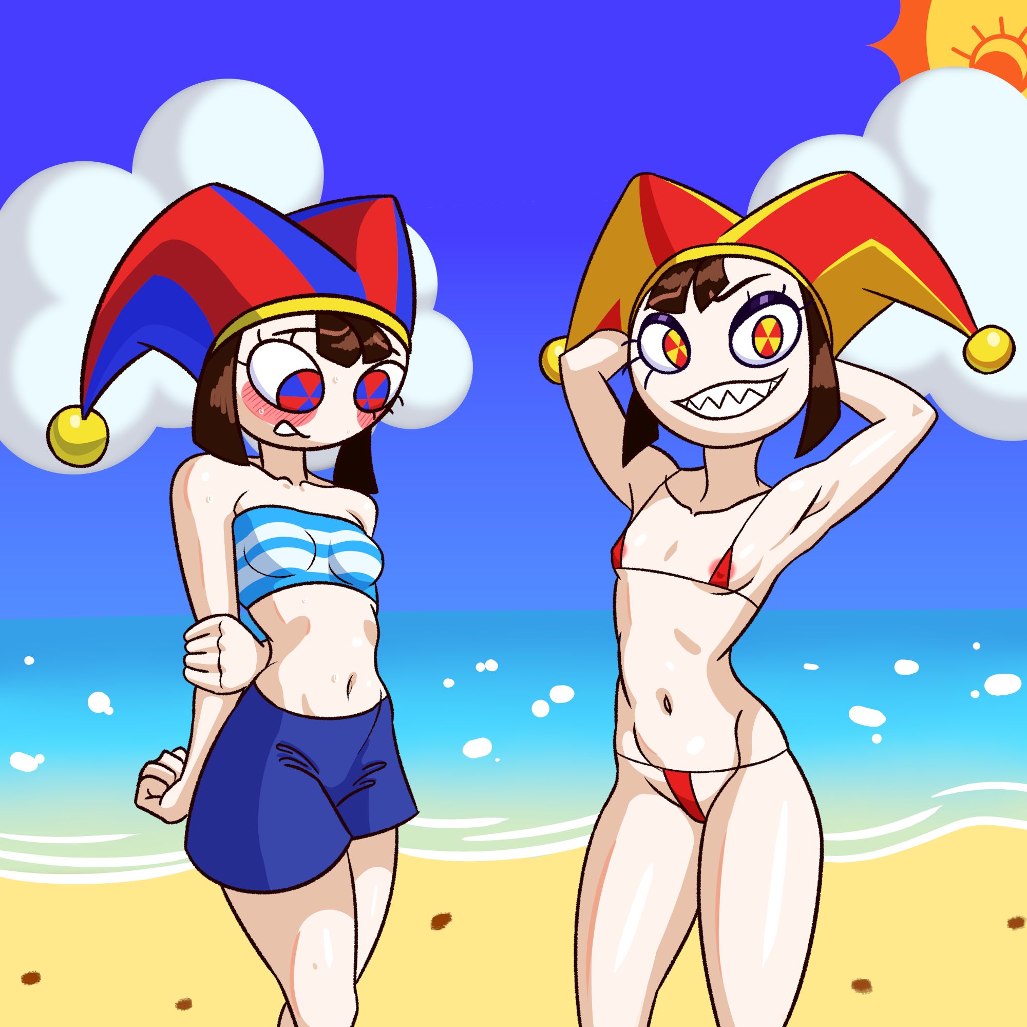 2girls, beach, bikini, brown hair, clouds, evil pomni (the amazing digital circus), female, glitch productions, jacors, jester hat, micro bikini, multicolored eyes, pale skin, pale-skinned female, pomni, pomni (beach outfit), pomni (tadc), pomni (the amazing digital circus), red bikini, shorts, sun (the amazing digital circus), swimsuit, the amazing digital circus