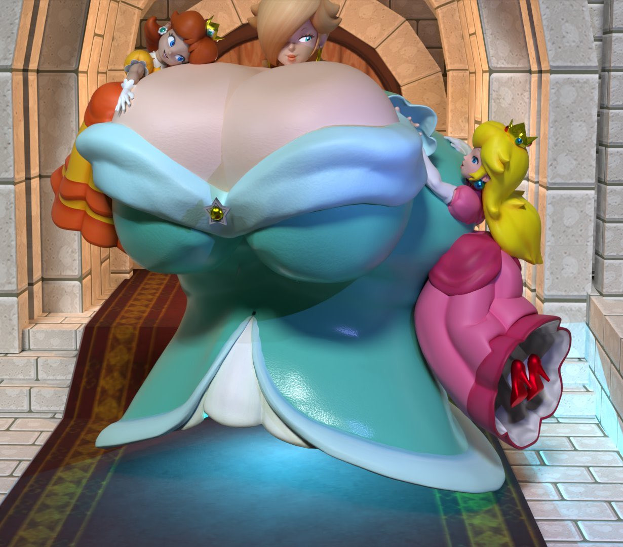 3d, 3d (artwork), 3girls, ass bigger than head, breasts, breasts bigger than head, breasts bigger than torso, bursting breasts, clothing, crown, dress, enormous ass, enormous breasts, female, giantess, hugging ass, hugging breasts, human, human only, hyper, hyper ass, hyper breasts, hyper hips, kabalmystic (style), large breasts, larger female, mammal, mario (series), massive breasts, mature, mature female, nintendo, nsquidmaker, princess, princess daisy, princess peach, princess rosalina, royalty, seductive eyes, shorter female, sisters, size difference, smaller female, squidly, tagme, taller female, wide hips