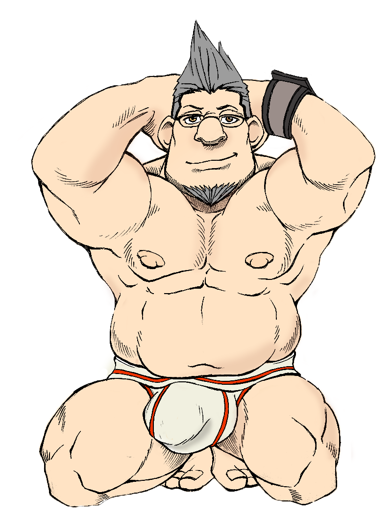 1boy bara beard color glasses gray_hair jockstrap knack kneeling looking_at_viewer male male_focus male_only older presenting savage short_hair solo solo_focus solo_male topless white_background