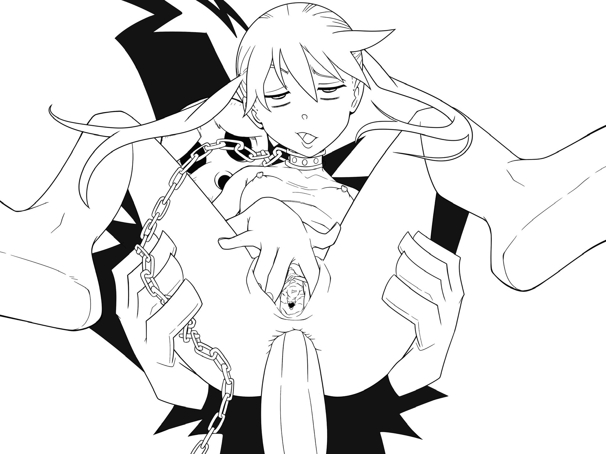1boy, 1girls, anal, anal sex, anus, breasts, chains, collar, death (soul eater), donkadon21, erection, female, leash, maka albarn, male, nipples, nude, penetration, penis, pussy, sex, shinigami, shinigami (soul eater), small breasts, soul eater, spread pussy, twintails