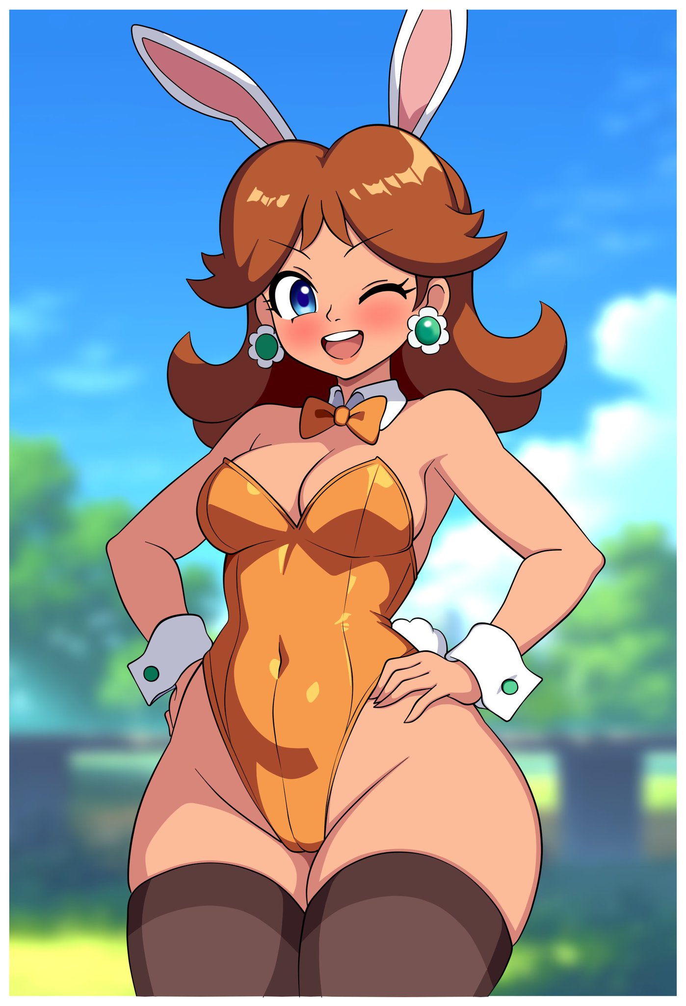 1girls, 2d, blue eyes, bowtie, brown hair, bunnysuit, cleavage, earrings, female, light skin, looking at viewer, mario (series), nintendo, princess daisy, solo, solo female, tagme, thick thighs, thighhighs, winking at viewer, woomy1010