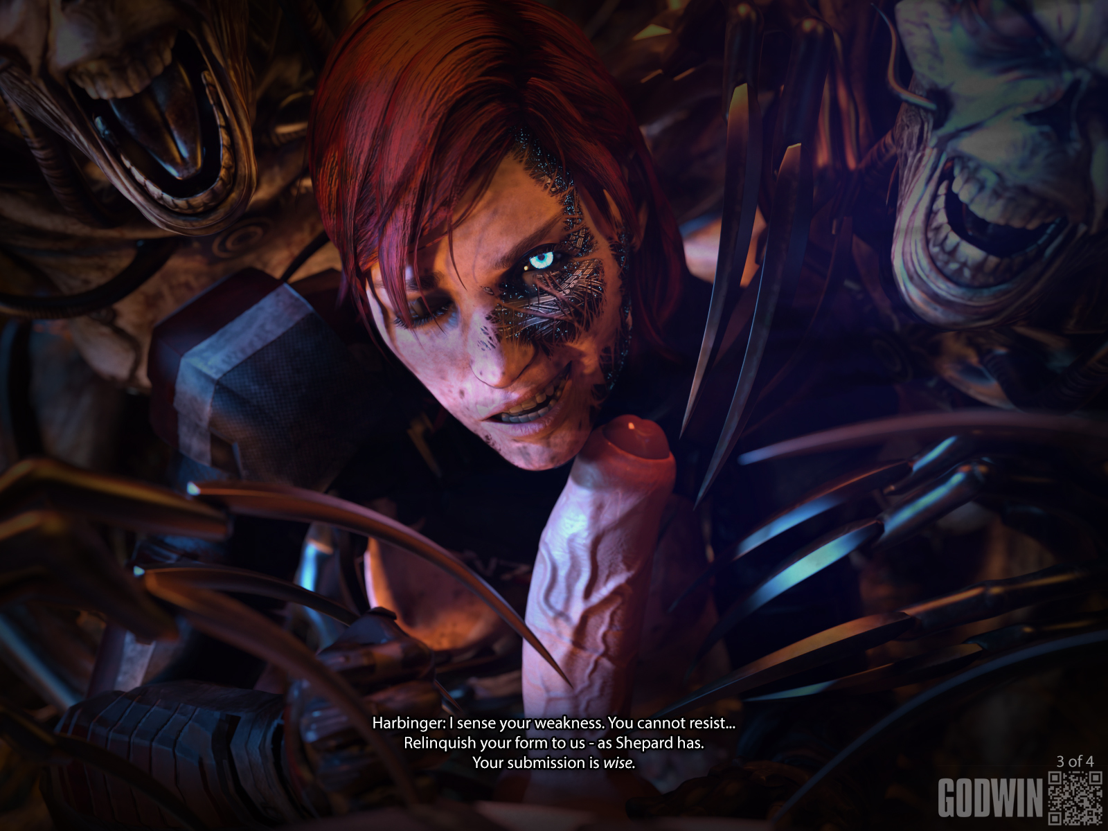 1boy, 3d, 3girls, bad end, banshee (mass effect), big cock, big dick, big penis, breasts, breasts out, broken armor, caption, claws, closed eyes, comic, comic page, commander shepard, cybernetics, dialogue, dirty, erection, evil, evil grin, evil smile, female, femshep, fit female, foreskin, glowing eyes, godwin, harbinger (mass effect), implants, indoctrination, light skin, light-skinned female, light-skinned male, looking at viewer, male, mass effect, mass effect 3, mind control, monster, monster girl, neroxliv, nipples, page 2, penis, reaper (mass effect), red hair, risky sex, scar, short hair, smirking, subtitled, tagme, talking to viewer, temptation, torn clothes, torn clothing, uncircumcised, uncut, veiny penis, zombie, zombie girl