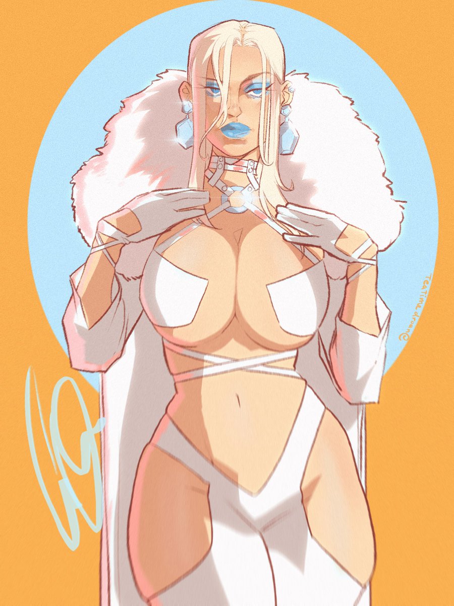 1girls, 2025, belly button, big breasts, blonde female, blonde hair, blue eyeshadow, blue lipstick, blue makeup, breasts, comic book character, earrings, emma frost, female, fur, fur cape, jewelry, loincloth, looking at viewer, marvel, marvel comics, mutant, mutant (marvel), small bra, snowbunny, teatimedroan, telepath, thick thighs, thighs, thunder thighs, unknown artist, villain, white choker, white clothing, white collar, white loincloth, x-men