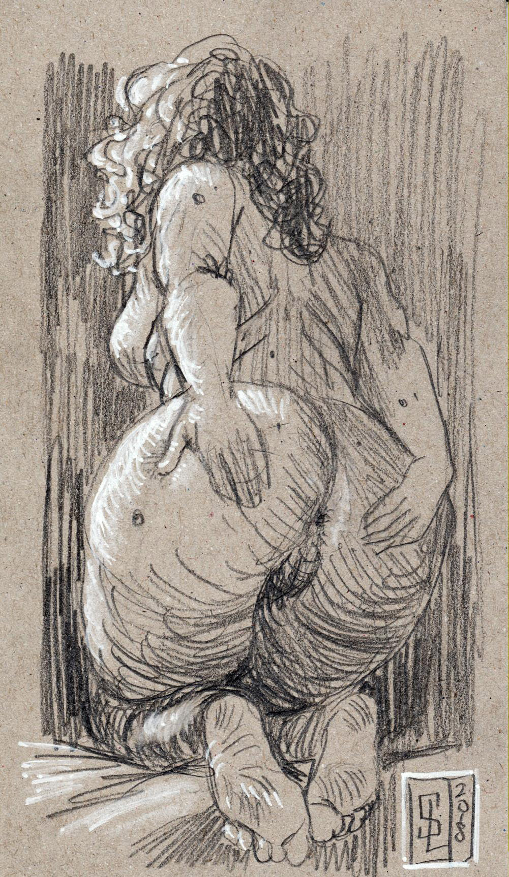 anus, ass, backboob, barefoot, breasts, elin (slartzee), female, nude, presenting, presenting anus, pussy, sketch, slartzee, spreading ass